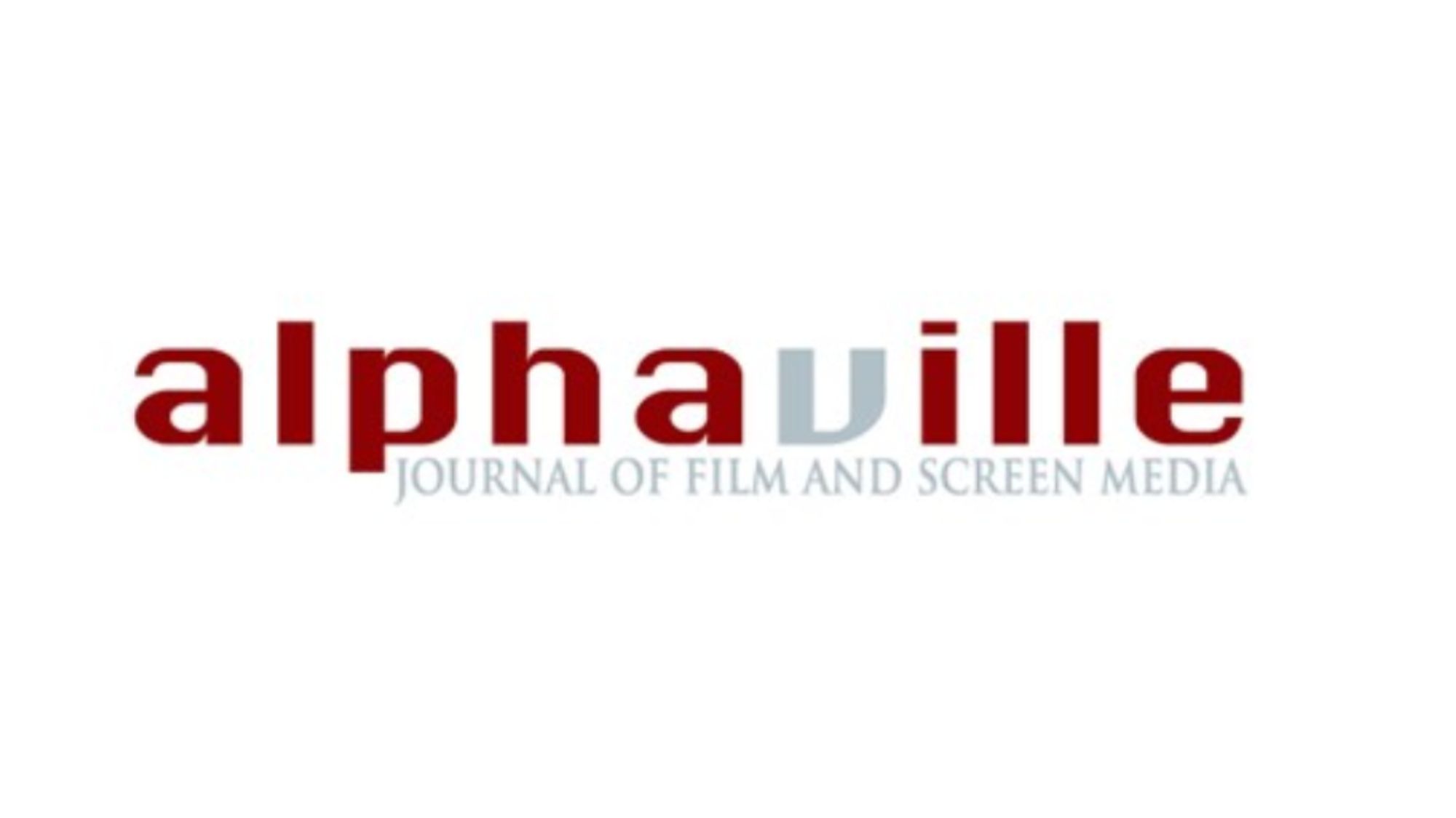 Text: Aphaville Journal of Film and Screen Media. Alphaville is in red except for the v which is in grey. Journal of Film and Screen Media is also in grey. The title is on a white background. 