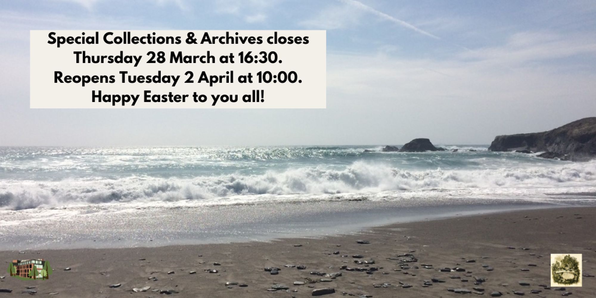 Text as per the post. Logos of UCC Library and Special Collections & Archives in each of the bottom corners. 
Image of waves rolling in on a beach. The sky overhead is blue and the sun is shining. 