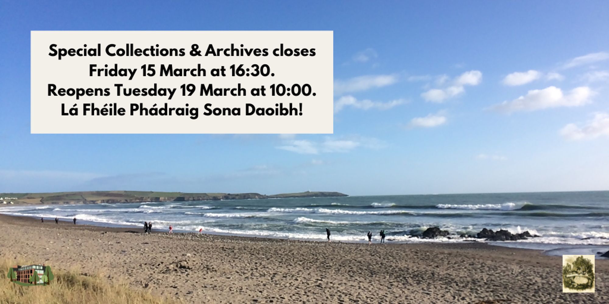 Text as per the post. Logos of UCC Library and Special Collections & Archives in each of the bottom corners. 
Image of figures on a beach with waves rolling in. The sky overhead is blue with a few white clouds.
