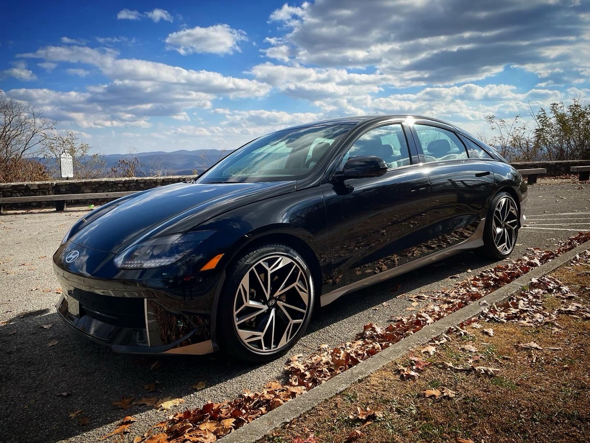 2023 Hyundai IONIQ 6 parked at Draper Mountain Valley Overlook near Pulaski, Virginia