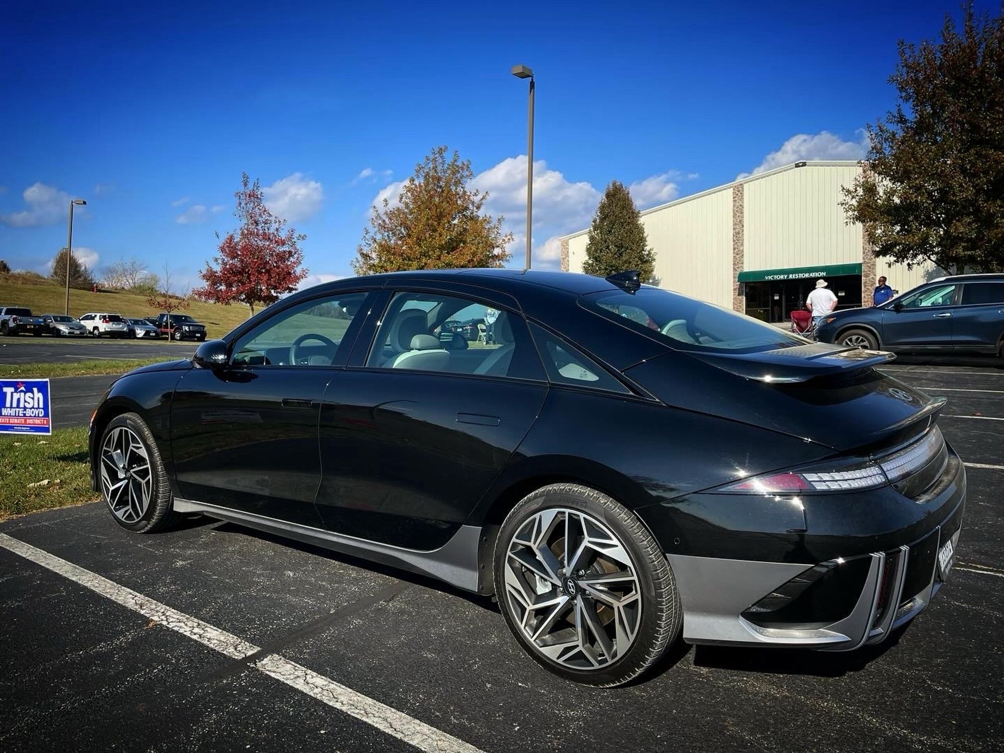 Left rear three-quarter view of the 2023 Hyundai IONIQ 6 Limited parked near my polling place