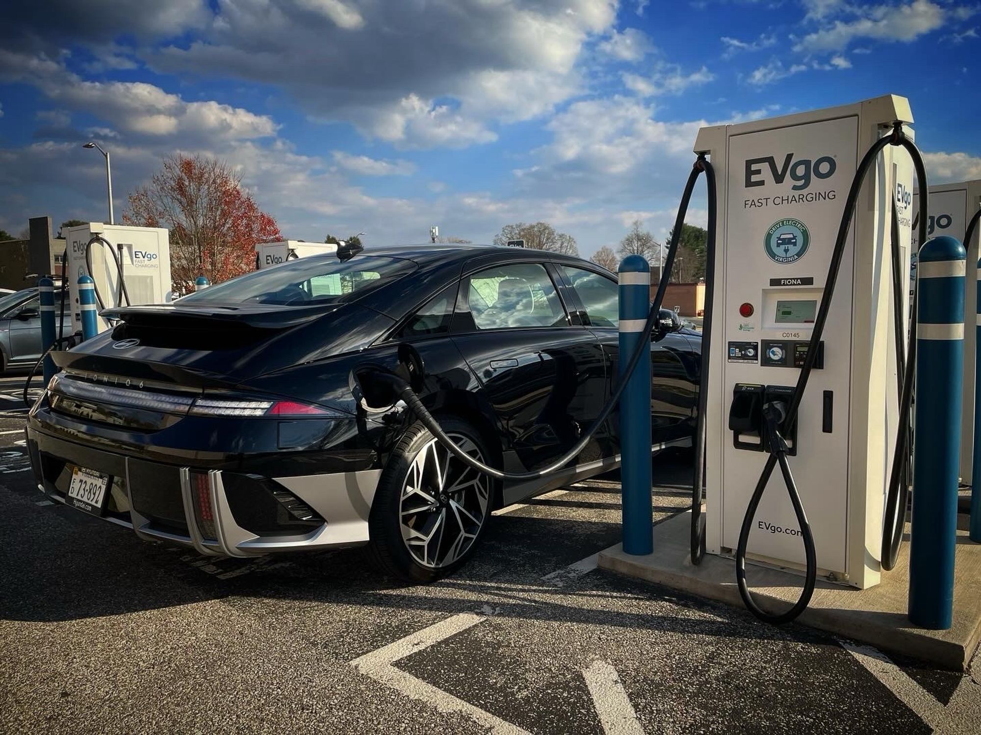 The 2023 Hyundai IONIQ 6 recharges at an EVgo station in Blacksburg, Virginia