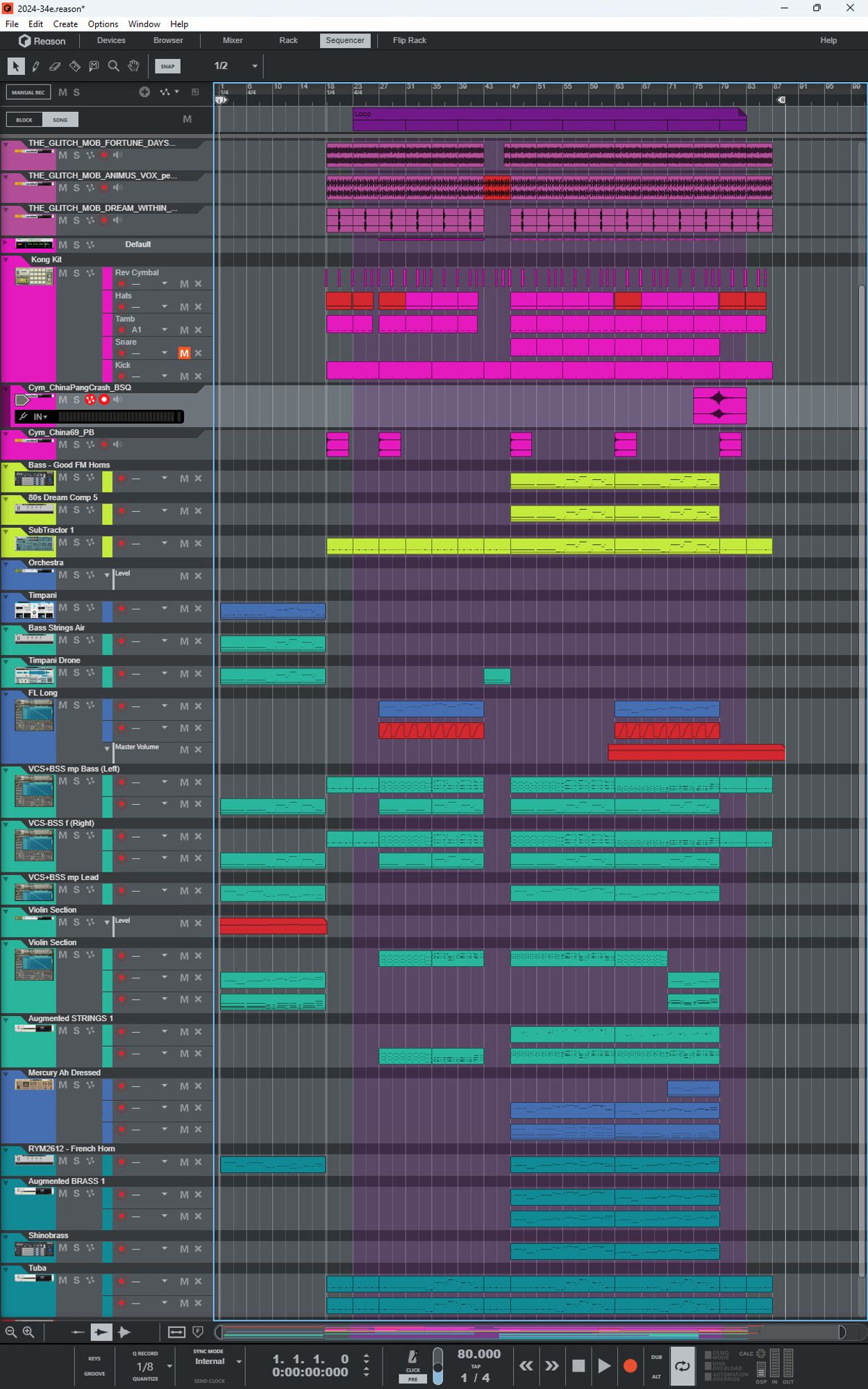 Screen shot of Reasons sequencer with lots of colour coded tracks.