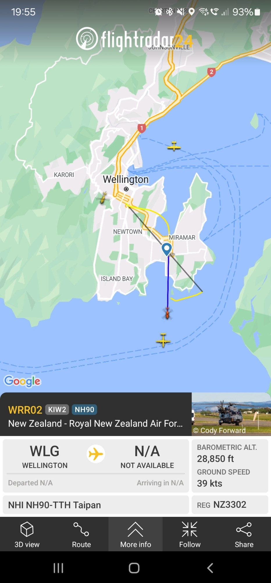 Screenshot of Flightradar24 app showing air traffic around Wellington, one helicopter is highlighted, callsign WRR02.