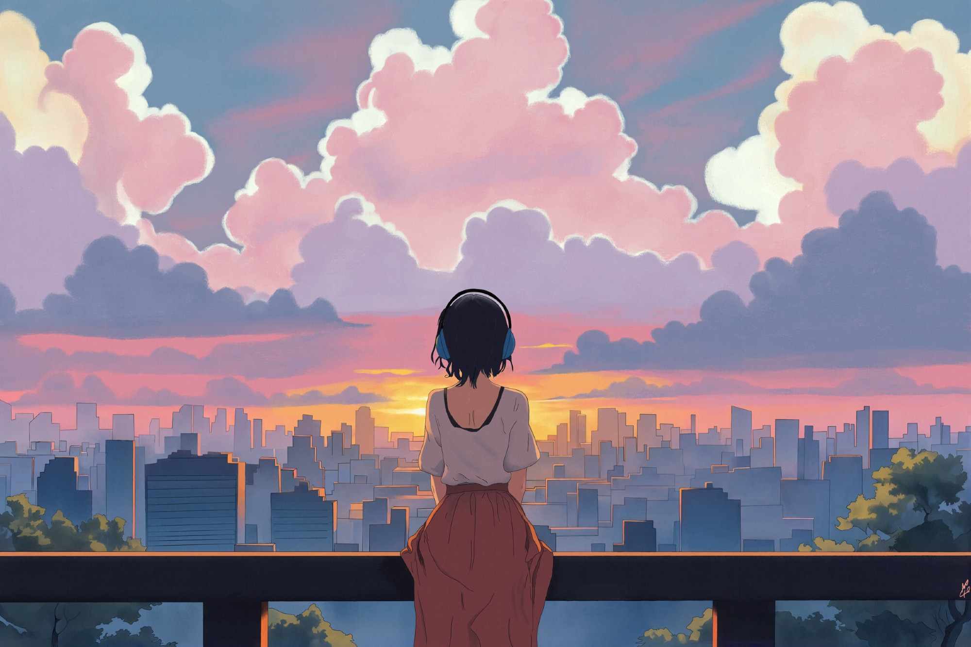 A digital watercolor painting of an anime girl watching the sun set over a city