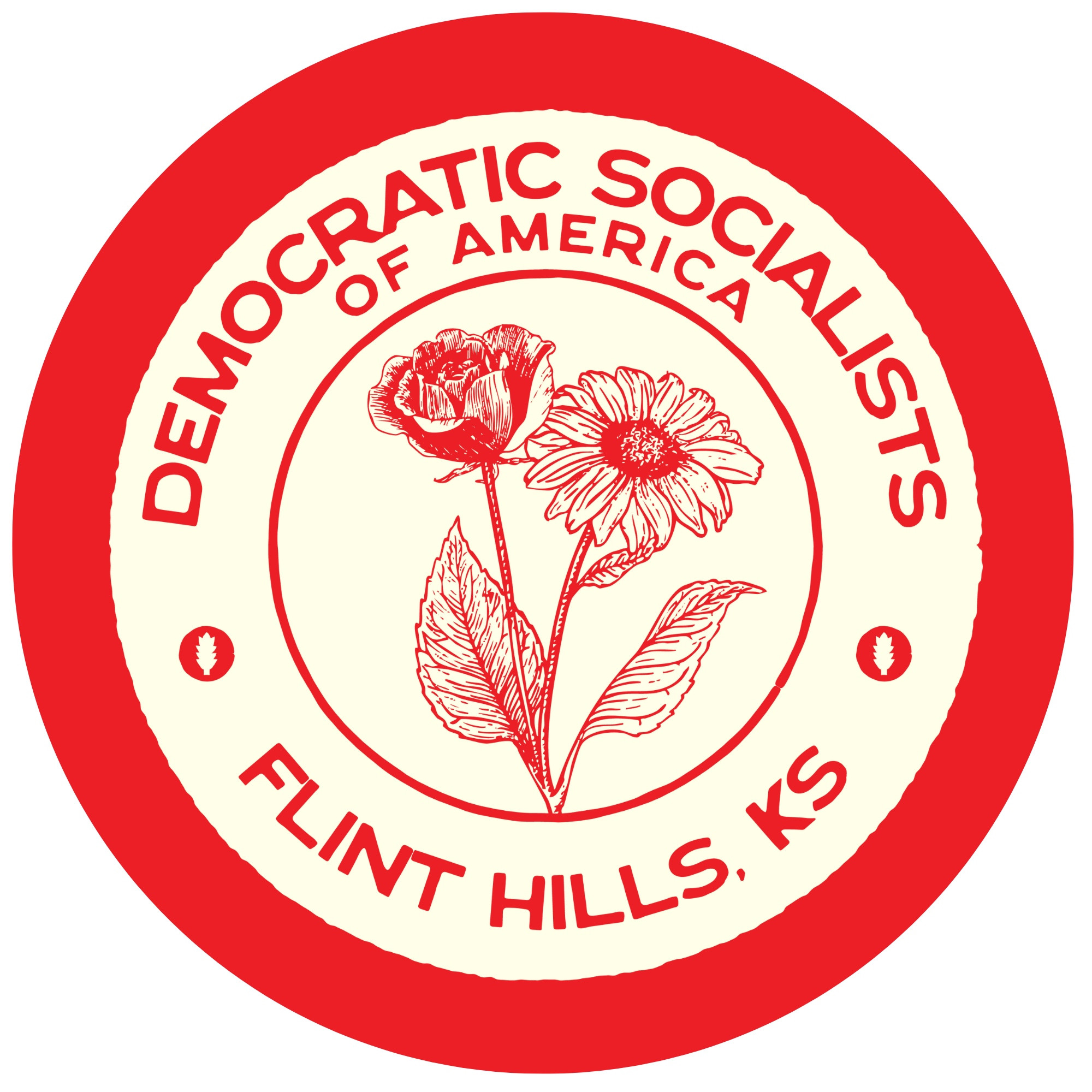 Flint hills Kansas chapter of democratic socialists of America logo with a red rose and sunflower in the center of a cream circle with name of chapter encircling the flowers and a red outer border.