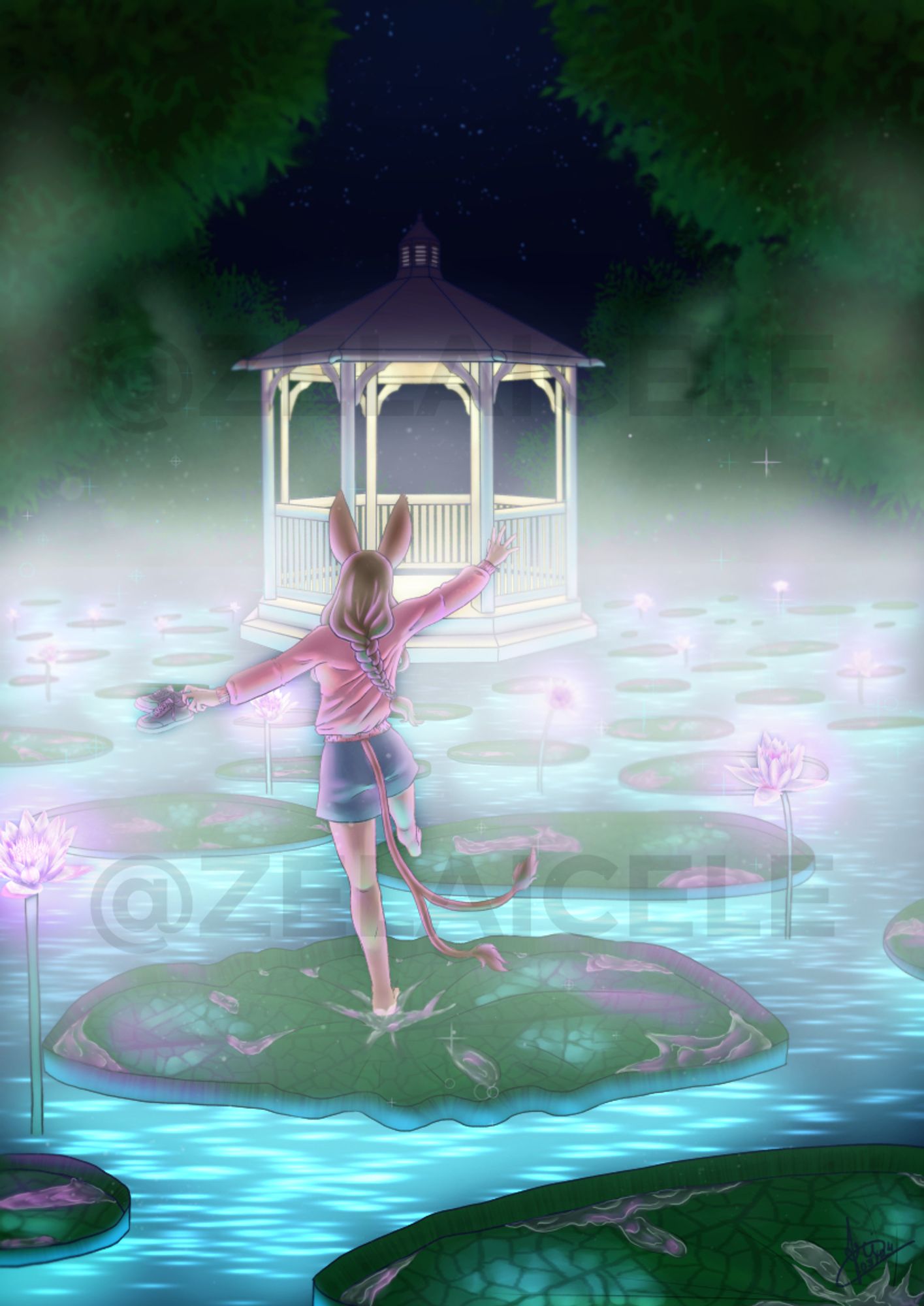 A character walking on top of giant lilypads in a foggy lake, towards a gazebo.