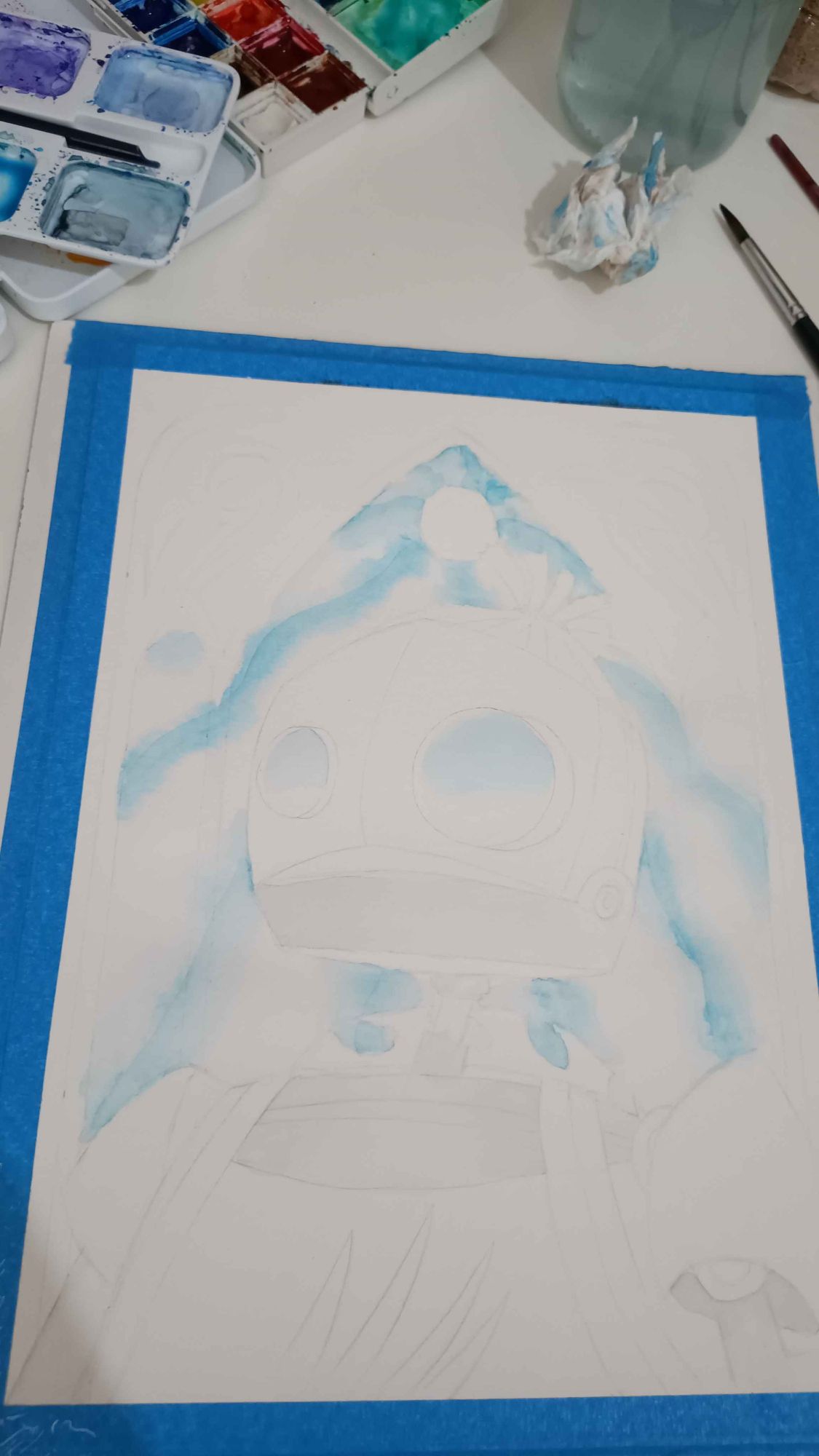 Wavy blue lines on the background and their reflection on the glass eyes of the character, art supplies scatered around the paper