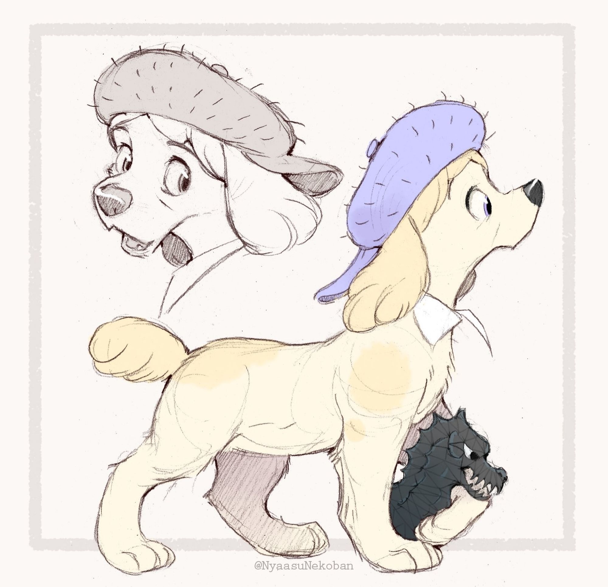 A drawing of Ornette Lost from All the Wrong Questions as a dog. She is cream colored with light yellow spots and hair, wearing a purple hat with the brim turned backwards. She is holding a paper replica of the Bombinating Beast.