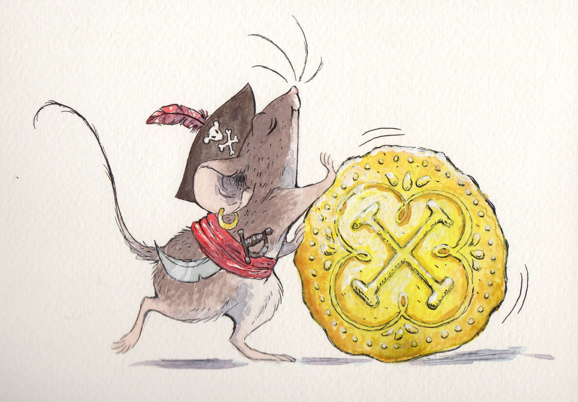 A watercolor painting of a brown mouse in a pirate hat with an earring, sash, and cutlass, contentedly rolling a doubloon, probably to some kind of treasure stash.