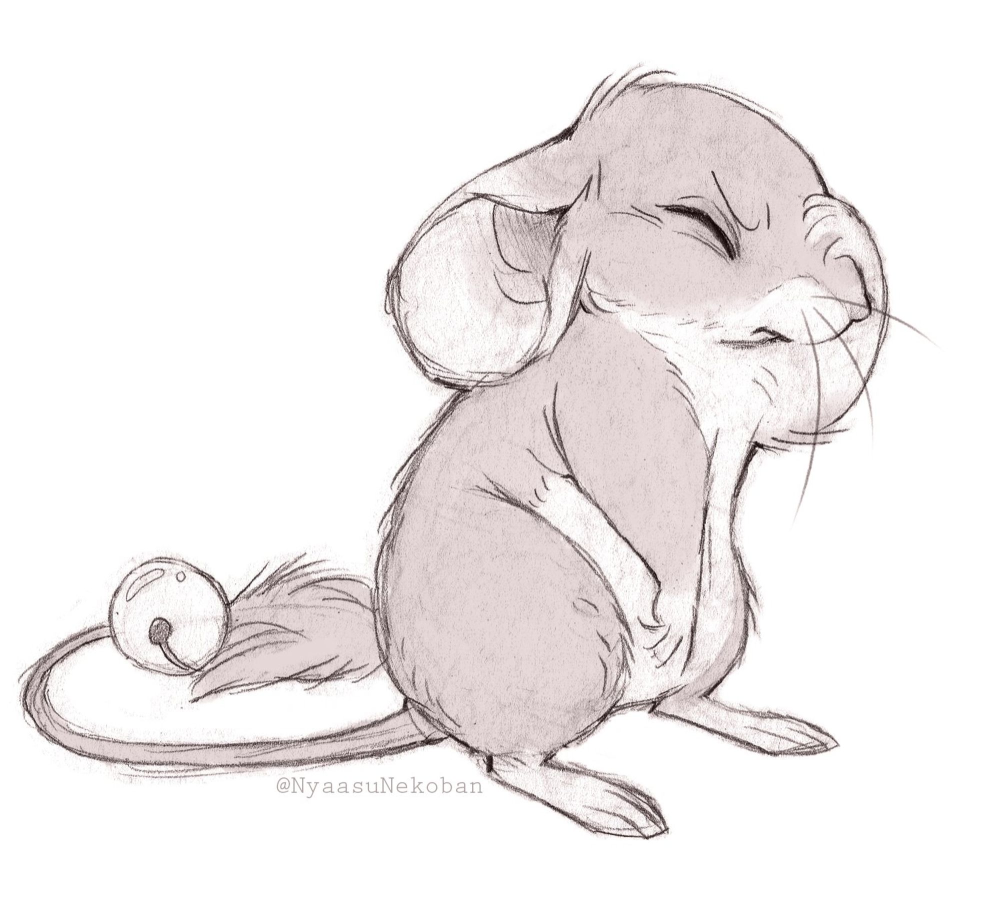 a pencil drawing of a mouse clutching his forehead in exasperation. he has a tuft of fur on the tip of his tail and a bell tied to it.