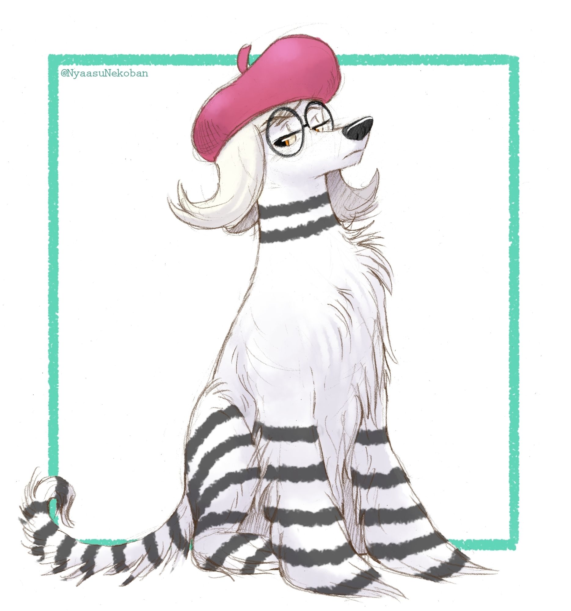 A dog version of Cleo Knight from All the Wrong Questions. She looks somewhat like a white afghan hound with black stripes down her legs and tail. She is wearing her signature raspberry-colored beret and round black glasses.