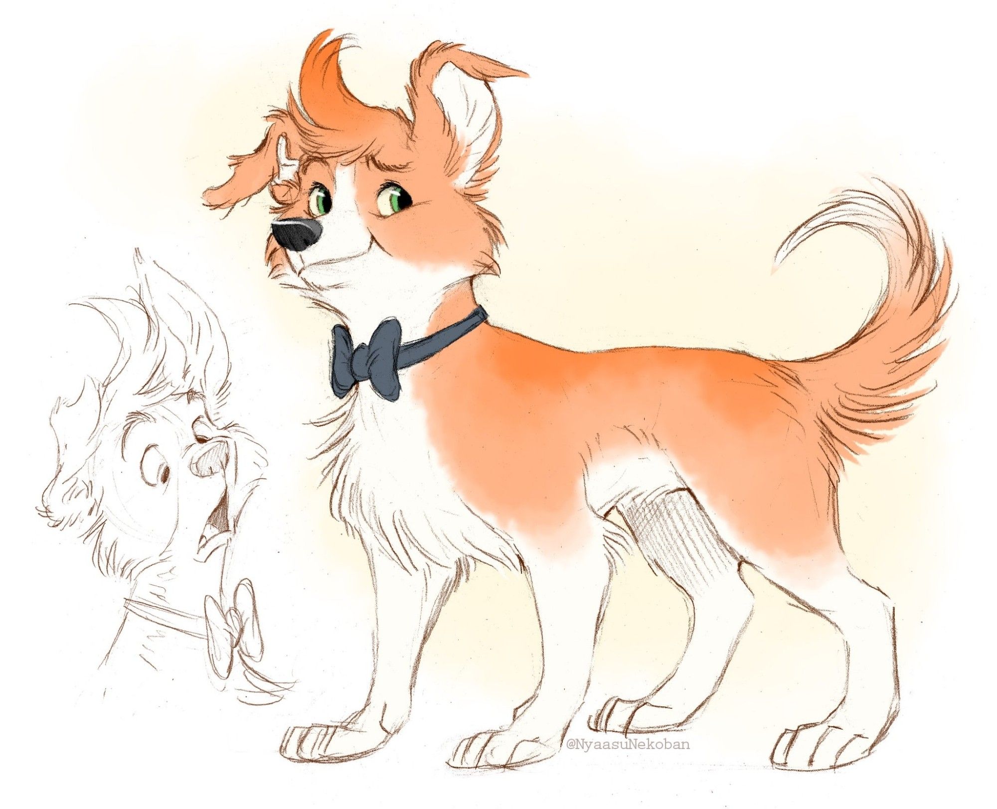 Kellar Haines, from All the Wrong Questions, drawn as an orange and white mixed breed dog.