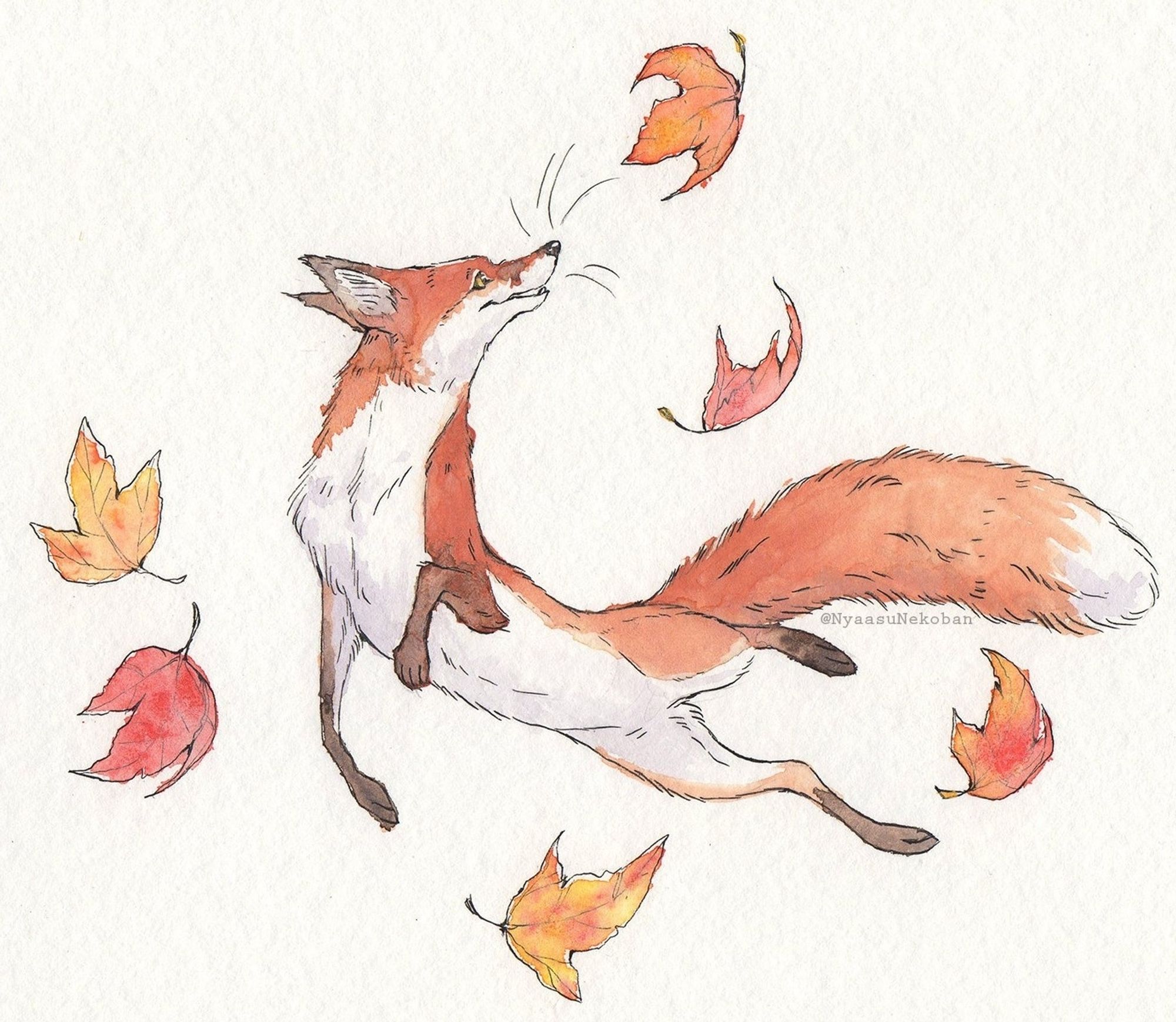 A watercolor painting of a fox frolicking through autumn leaves