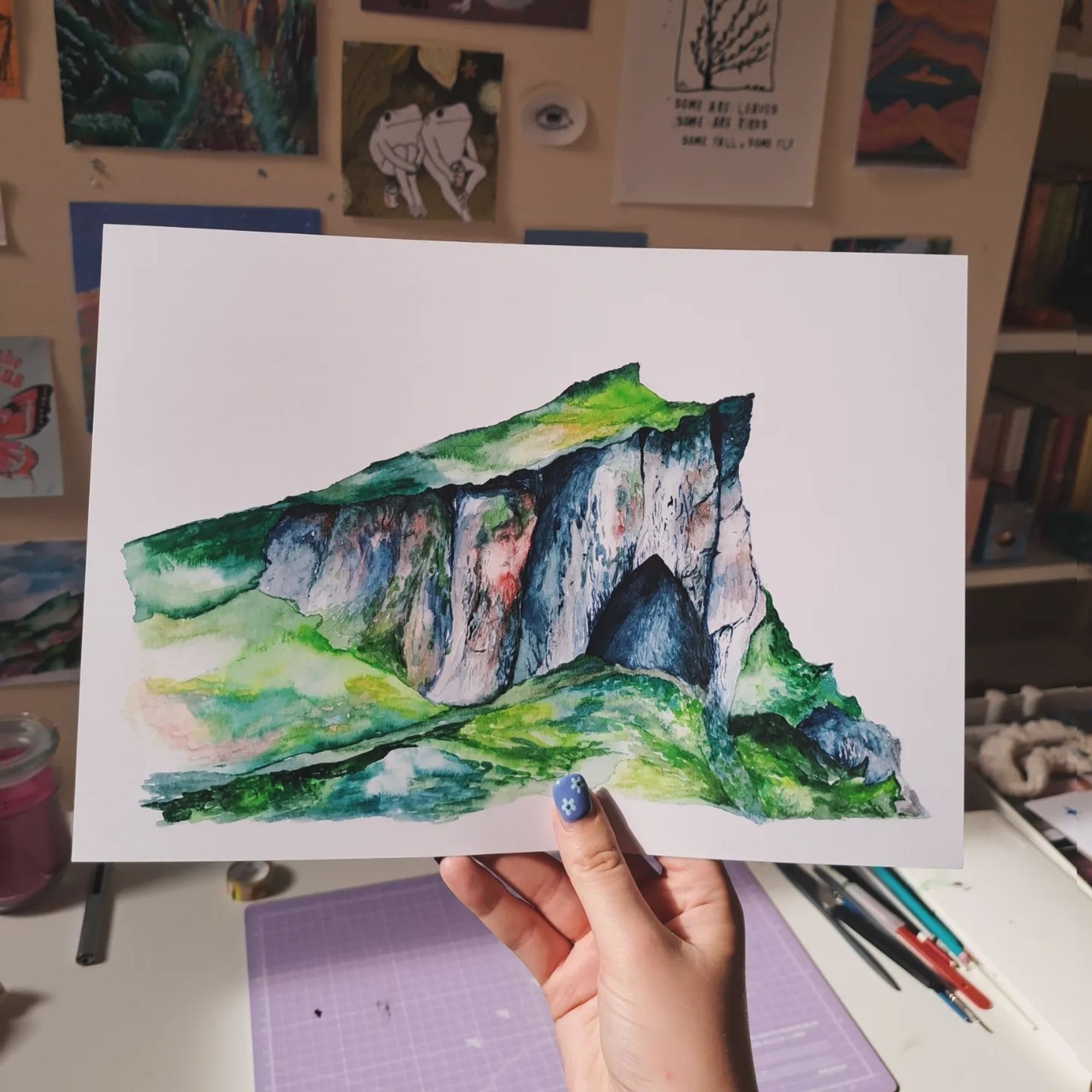 A watercolour painting of Thor's Cave in the Peak District National Park.