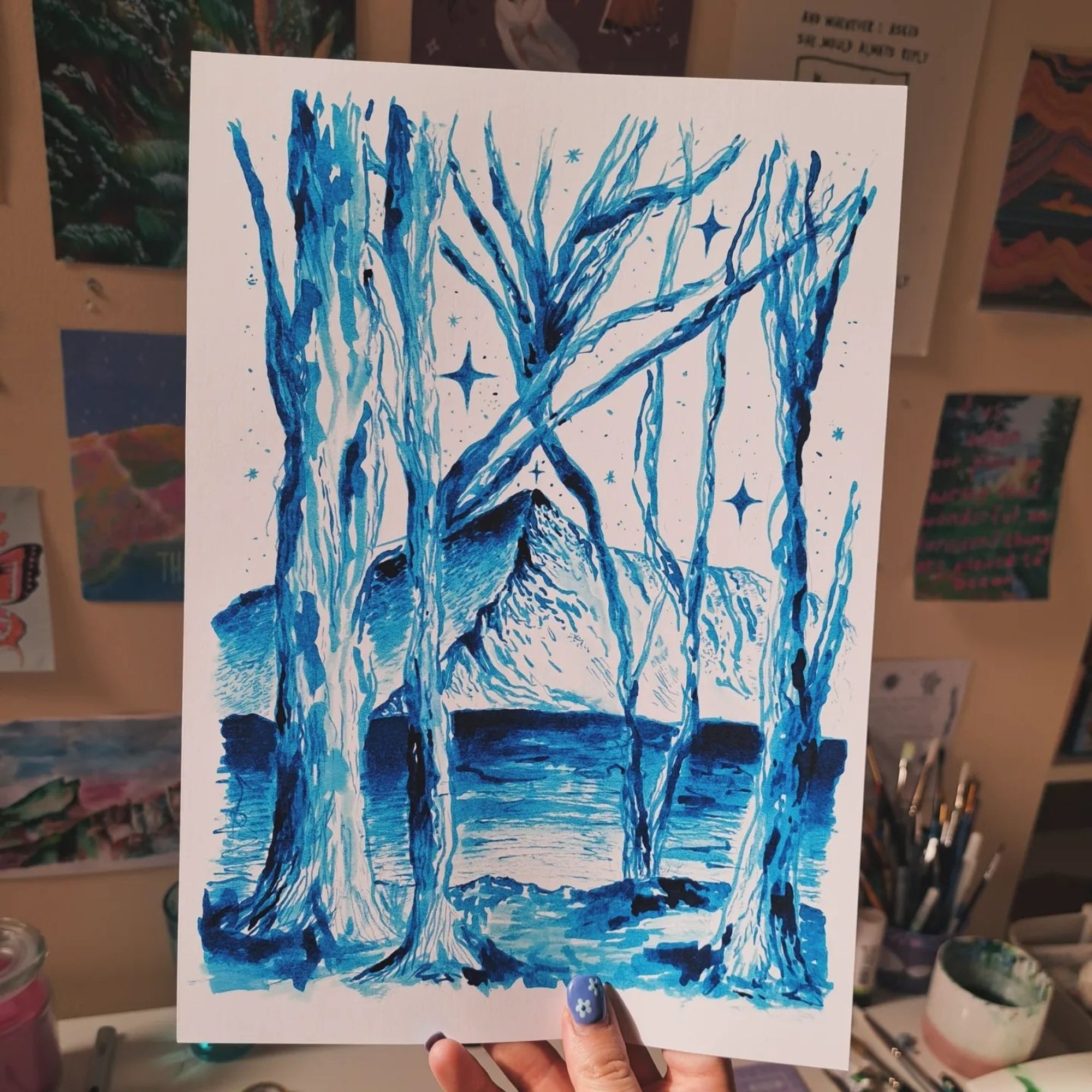 A two toned blue ink painting of Goyt Valley Woodlands in the Peak District National Park.