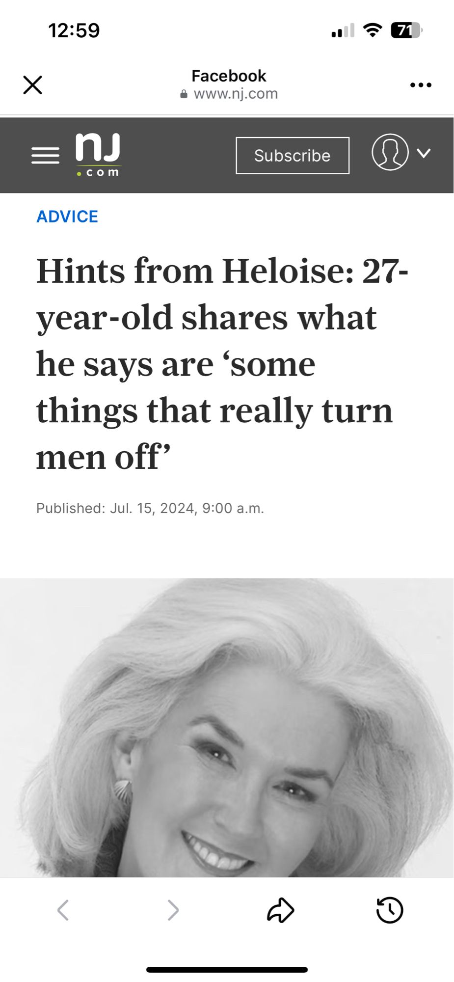 Photo of social media post from NJ.com for the Hints from Heloise column. Headline reads “Hints from Heloise: 27-year-old shares what he says are ‘some things that really turn men off.’l