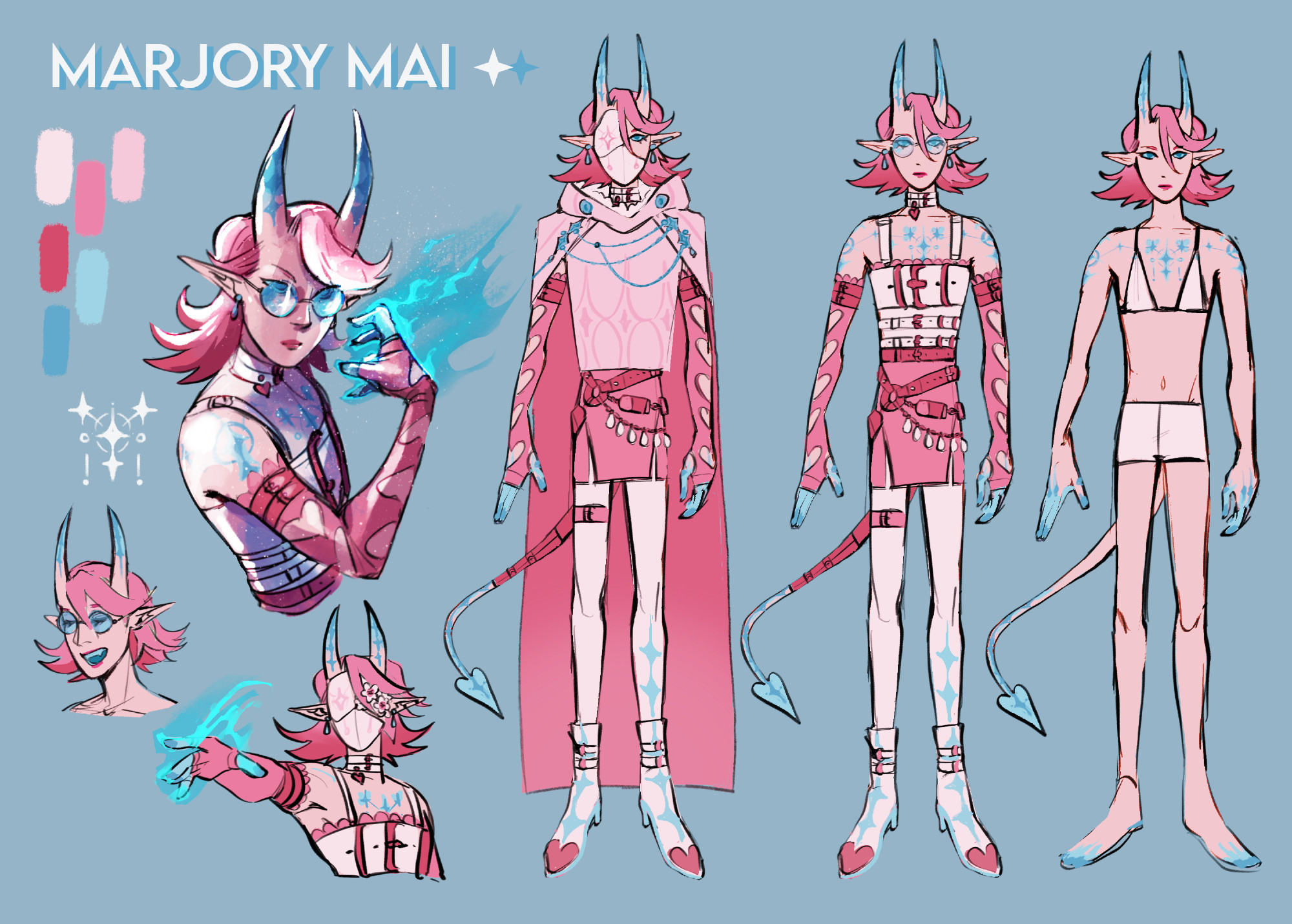 Marjory Mai reference sheet. Marjory is a pink tiefling with blue accents on her horns, up her hands, and her feet. She also has arcane markings in the same blue. She has heart motifs alongside 4 point start motifs. She has a mask as well in three parts, and the third part can be filled with plum blossom flowers to obscure the final part of the face. Marjory wears glasses when not wearing her arcane mask.