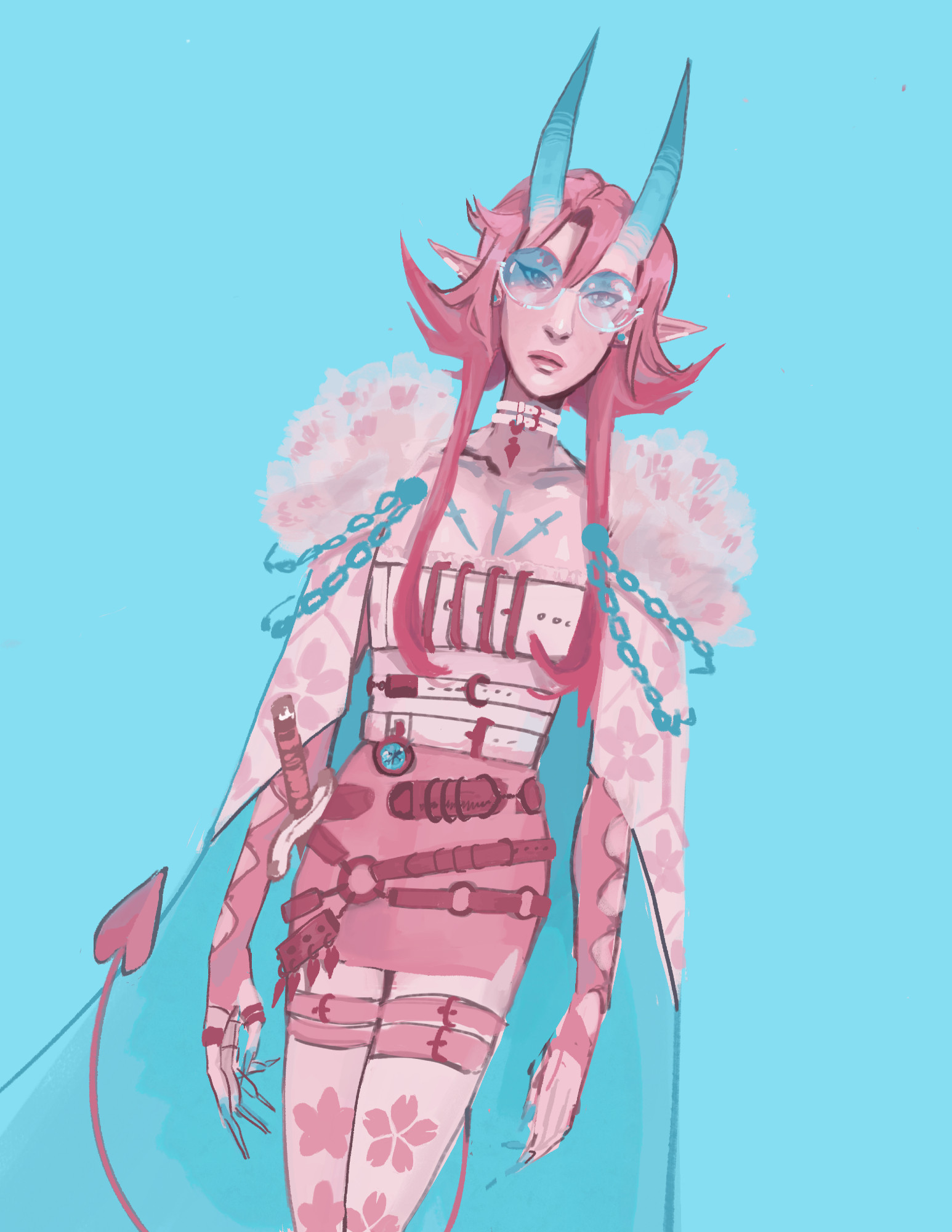 Pink tiefling that wears a cloak. She has chains, belts, daggers, and flowers as a motif.