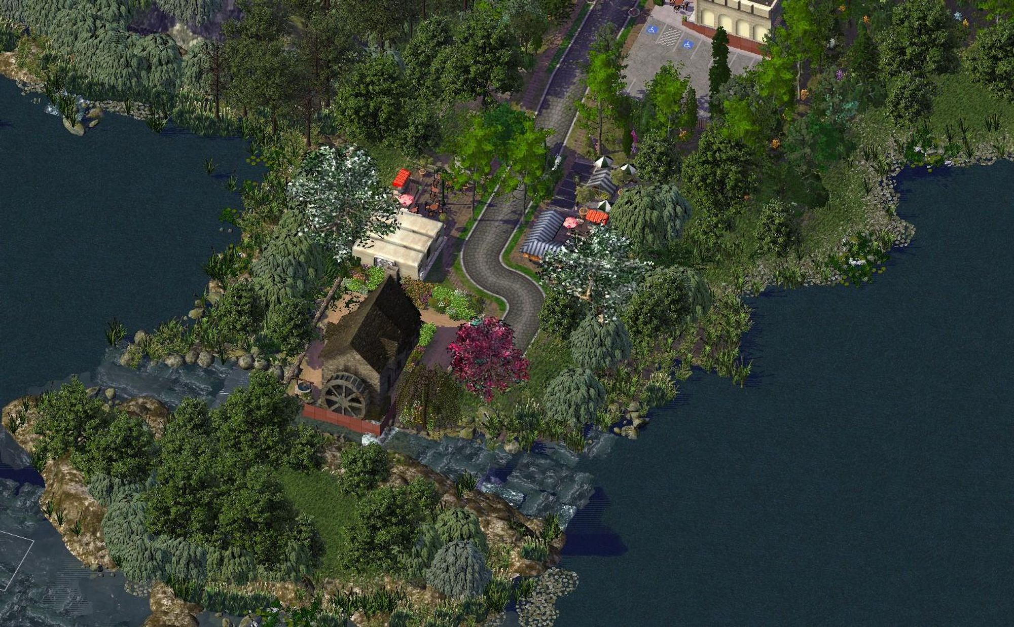 Simcity4 Screenshot Isometric projection 
A water mill of brick and stone is powered by a brook in the centre of the image. Leading off NE is a grey cobblestone road with market stalls and refreshments on either side. 
This scene is on the shore of a reservoir, the water is deep blue, the shoreline is grey pebbles and marshy green rocks with cattails, dark green trees pepper the scene. 
There is one bright pink tree next to the mill 