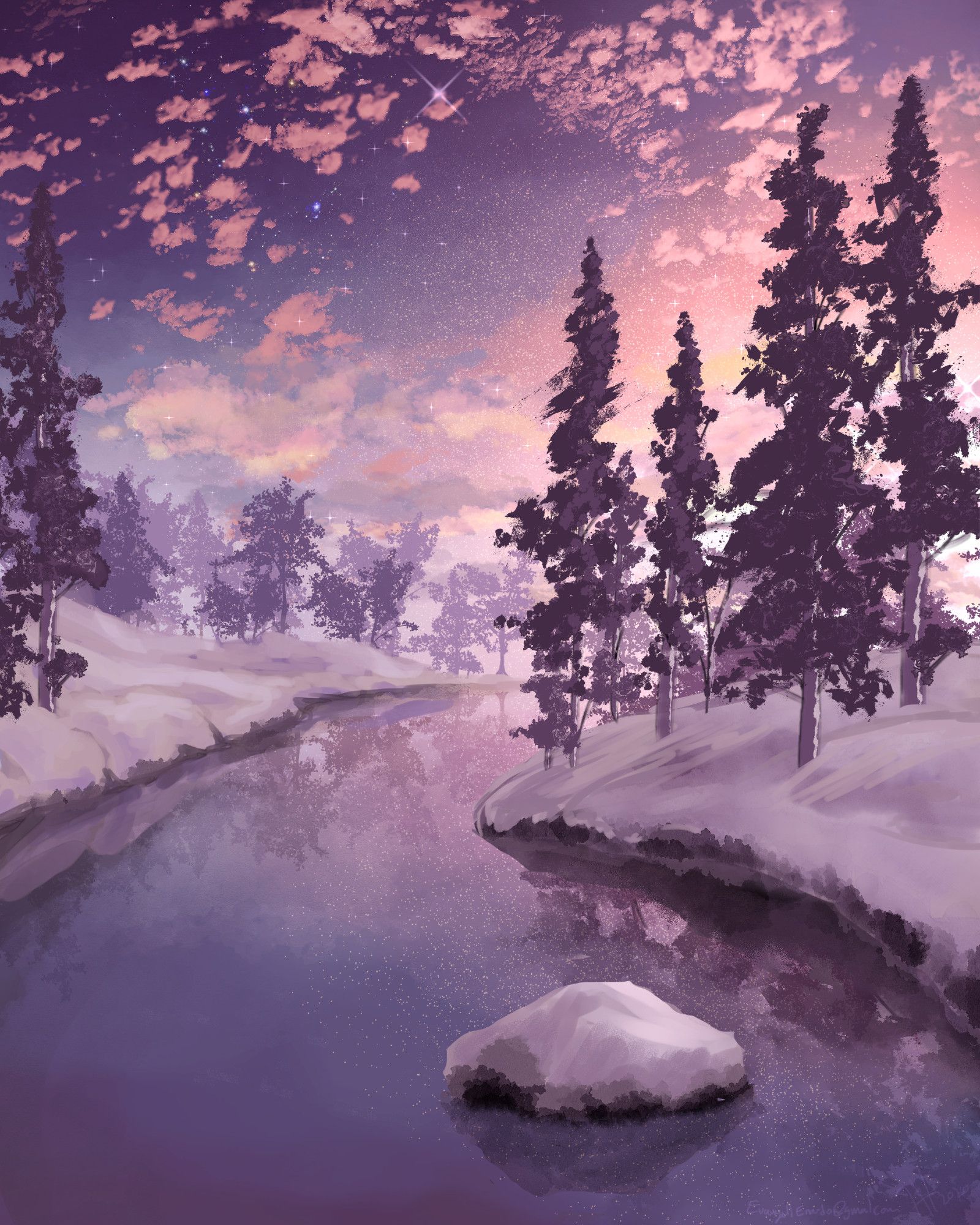 Snow covered hills in a forest with pines and other tree types, with a reflective icy river running through it during a morning sunrise. Pinks and purples.