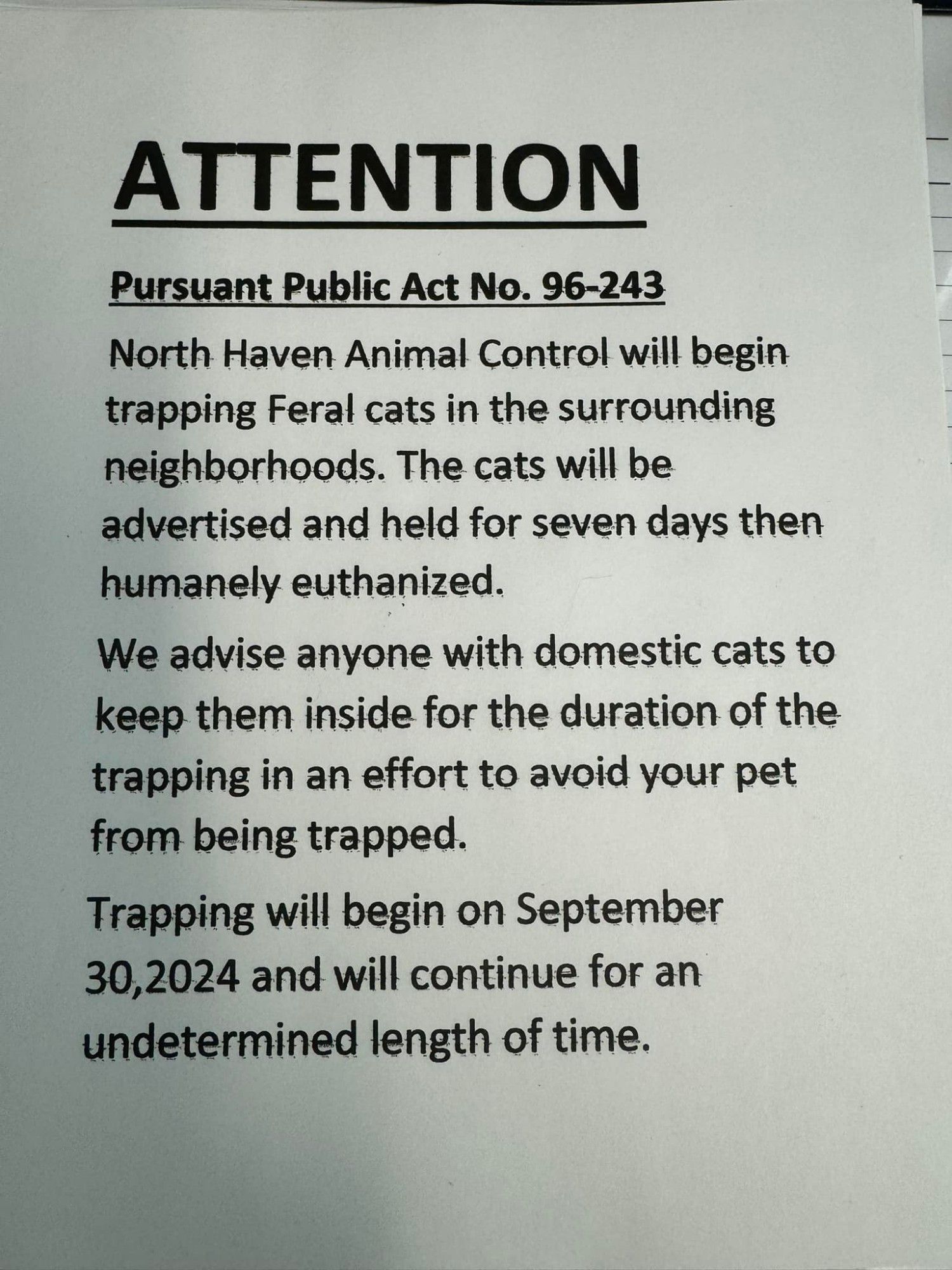 Post by North Haven Animal Control that they will be catching and euthanizing after 7 days all cats on Vineyard Rd in North Haven CT staring Sept 30th 2024