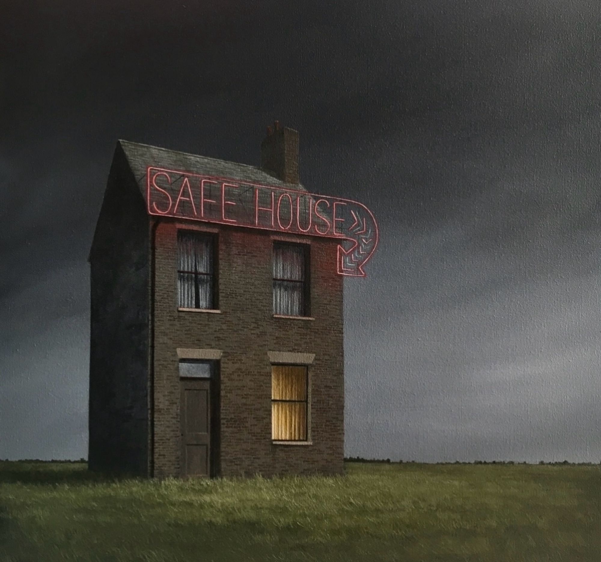 A lone small house with an illuminated neon sign reading ‘Safe House’ on the roof.