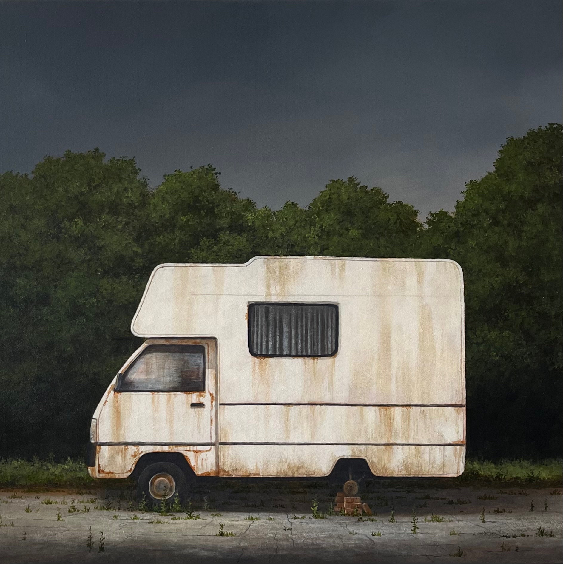 Painting of an abandoned and weathered campervan with a missing wheel. Named after Twitter.