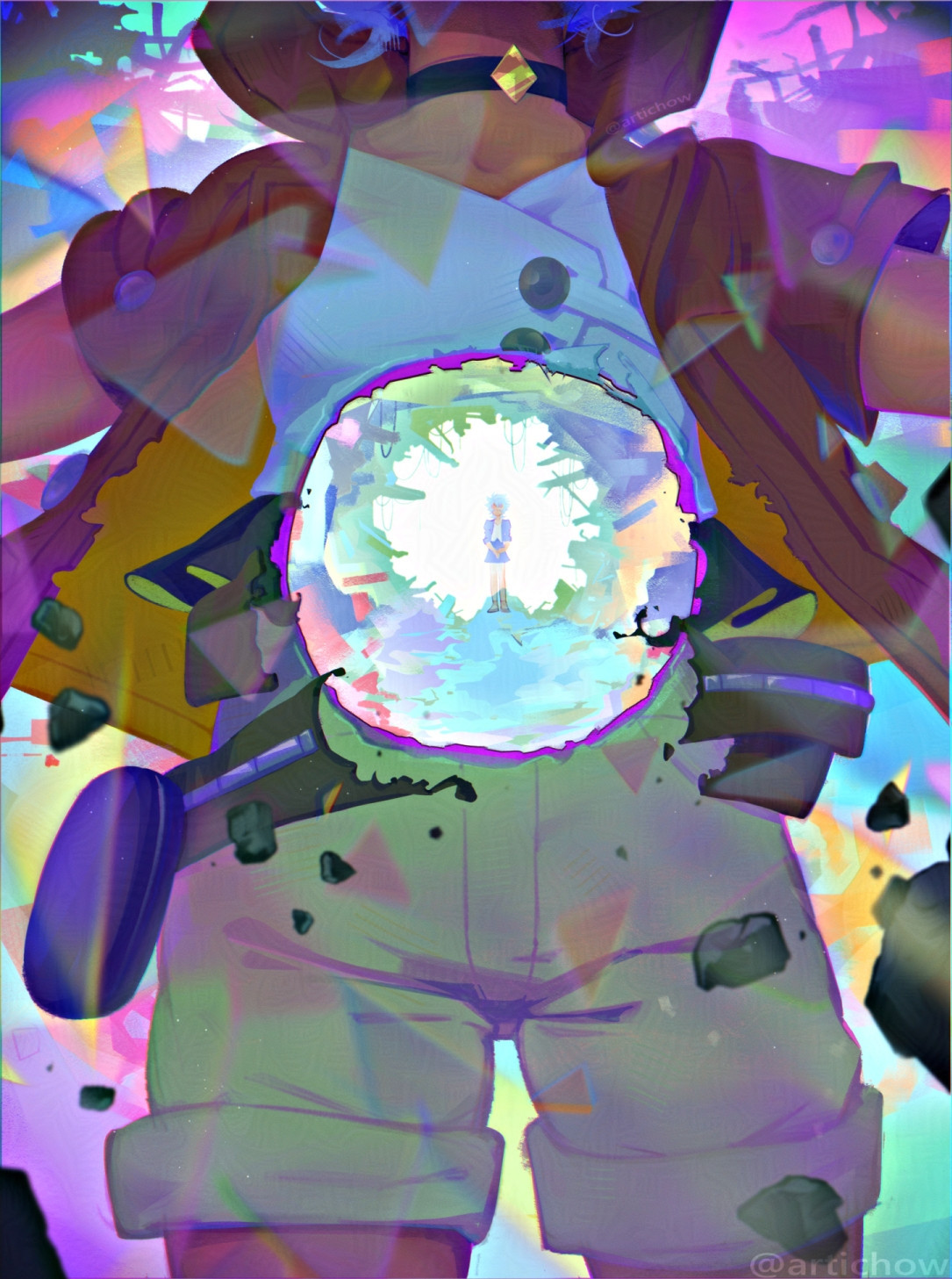 A digital illustration of Hikaru Hasama from Metal Fight Beyblade's body with a gaping hole in it. Through it you can see the ruins of a bey stadium, referencing her loss during Battle Bladers, as well as semi transparent Hikaru facing the viewer. Pieces of rocks are floating around the picture and the colors go from purples to swamp greens to very pastel turquoise and blues. 