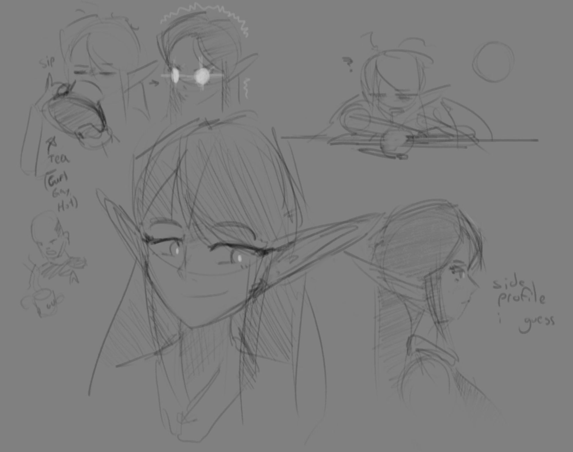 additional sketches of auggie, including a close-up view of her face, an image of her drinking tea and feeling the caffeine, waking up atop a book, and a side profile.