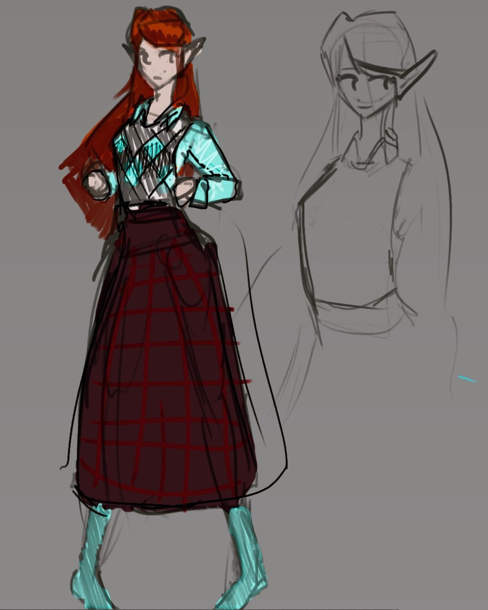 a sketch of Auggie, an elven woman in a 1970s-style sweatervest, blue button-down, and maroon checked long-skirt. she has red hair and is rather slender in build. it's not a very good sketch, but it gets the idea across.