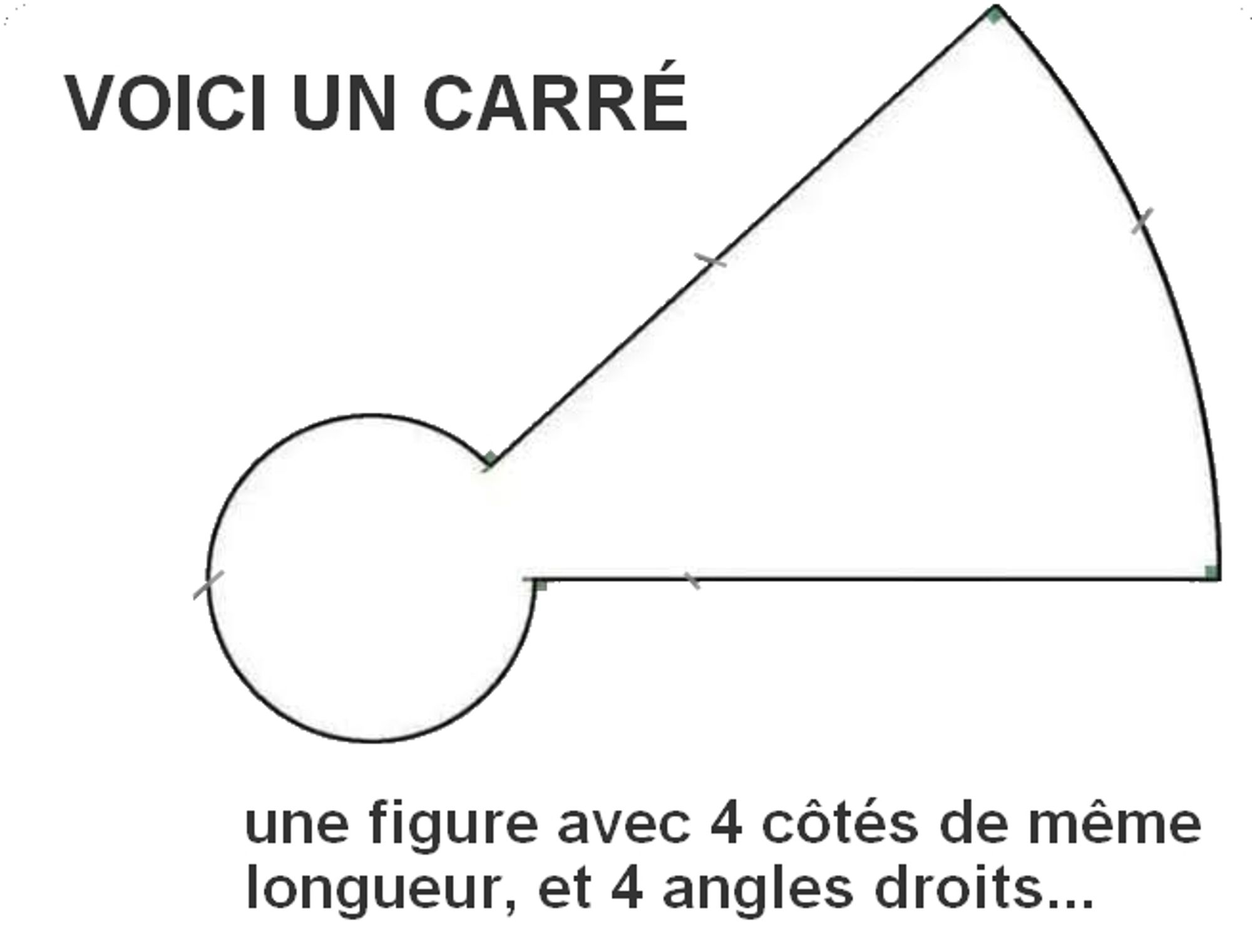 Voici un carré. Sauf que 2 des côtés ne sont pas des segments, il n'y a que 2 lignes droites, les 2 autres sont des arcs de cercles mais les 4 lignes ont bien la même longueur. Et la jonction entre les 2 segments et les courbes sont bien à angle droit. 4 angles droits. Du coup la forme ressemble à un pêne de serrure. On distord la définition du mot «coté» mais c'est bien une figure avec 4 côté égaux et 4 angles droits.