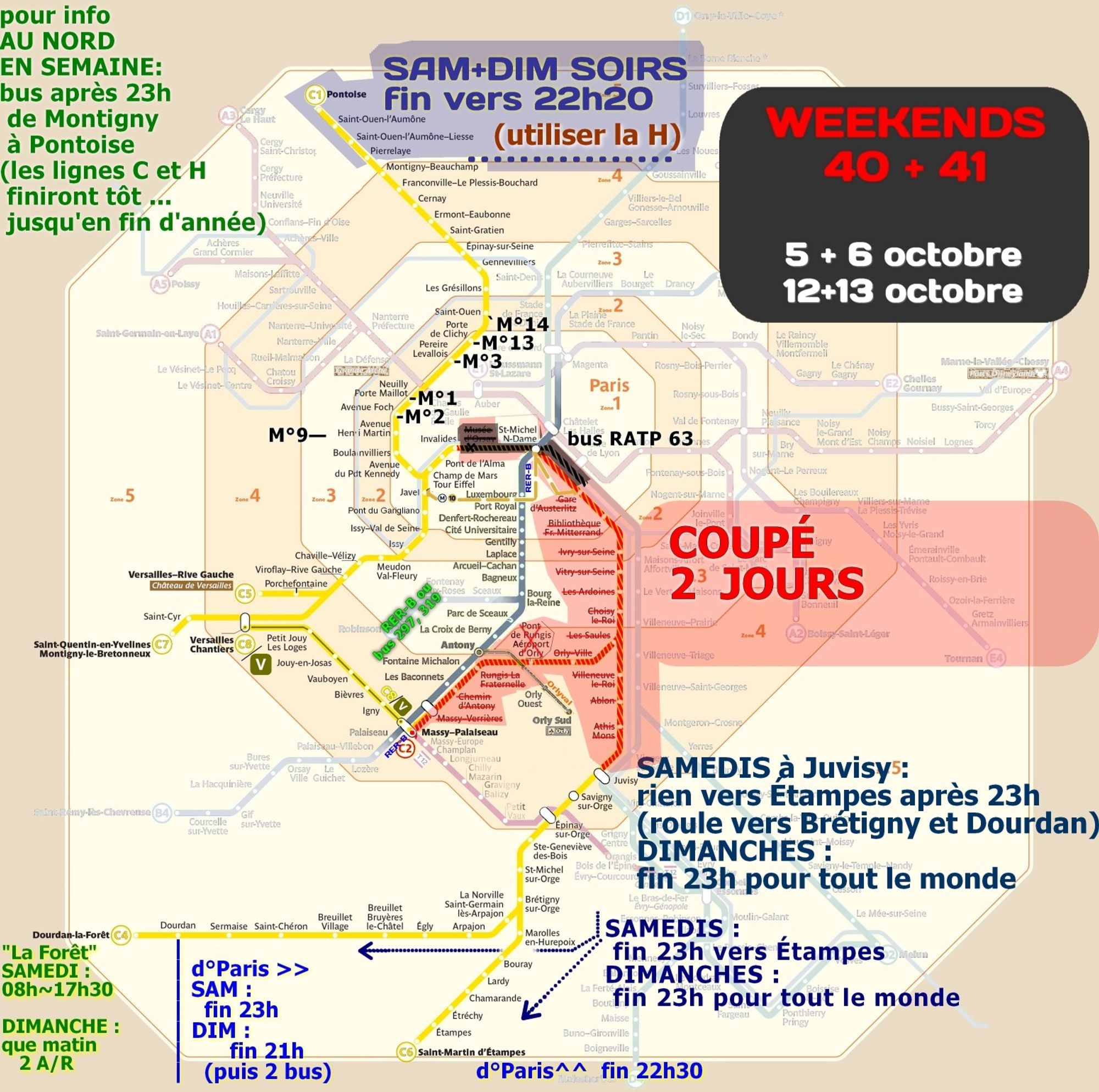 autres lignes que la C, 21 22 septembre. Journées du patrimoine. samedi World cleanup, et dimanche automne à 14h44 + Paris sans voiture. ligne E : samedi, offre très réduite + dimanche soir Villiers et Tournan finissent plus tôt. ligne H : branche Ermont Valemondois coupée. ligne J : dimanche soir sur Conflans et au-delà finit très tôt (Pontoise, Gisors, Issou). Ligne P : samedi, offre très réduite + les 2 soirs Coulommiers finit tôt + dimanche Meaux finit tôt. ligne U : dimanche soir finit tôt. tram T1 : arrêt "Hôtel de Ville de la Courneuve" non desservi (rouvre le 29 janvier). tram T11 : dimanche matin n'ouvre qu'à 10h30. pour info de lundi à vendredi prochains, finissent tôt Saint-Nom ligne K, le tram T4 sur Montfermeil, le T13, et tout le métro 14. De plus ligne R, branche Héricy coupée les midis. Enfin, tram T1 coupé 3 jours en son milieu (rien à La Courneuve, terminus à "6 routes" et à "Lachâtre").