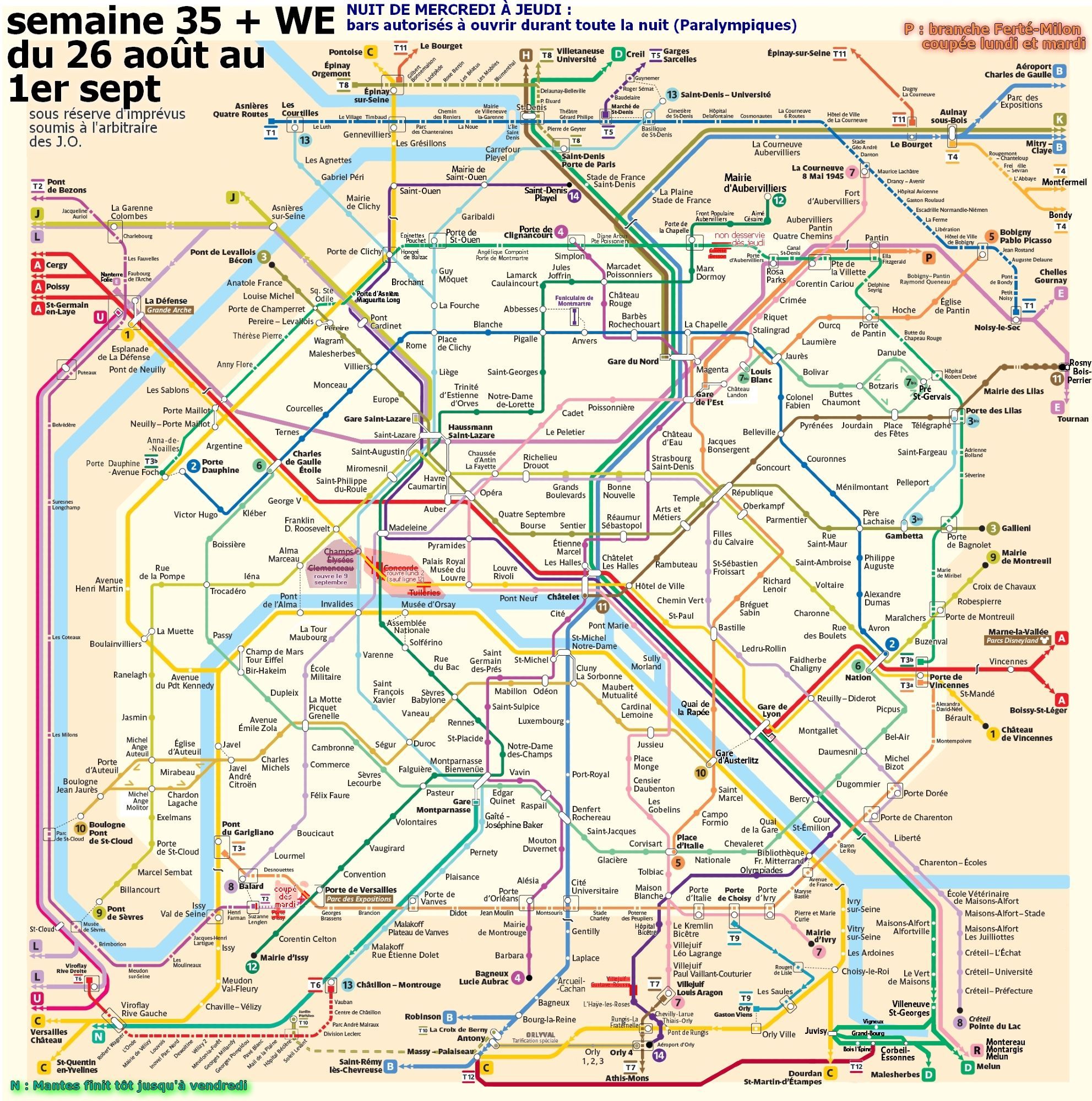 Semaine 35 du lundi 26 août au dimanche premier septembre. On entre dans les Paralympiques. ligne P : branche Ferté-Milon coupée lundi et mardi (rouvre mercredi). Toujours pas d'arrêt aux stations Concorde et Tuileries jusqu'au 2 septembre. Ni à Champs-Élysées Clemenceau jusqu'au 9. tram T2 : dès mardi terminus Suzanne Lenglen (Porte d’Issy et Porte de Versailles non desservies, le T3a ne s'y arrêtera pas non plus). Et sur le tram T3b : dès jeudi Colette Besson non desservie (rouvre 9 septembre). Nuit du mercredi 28 au jeudi 29 : les bars autorisés à ouvrir toute la nuit.