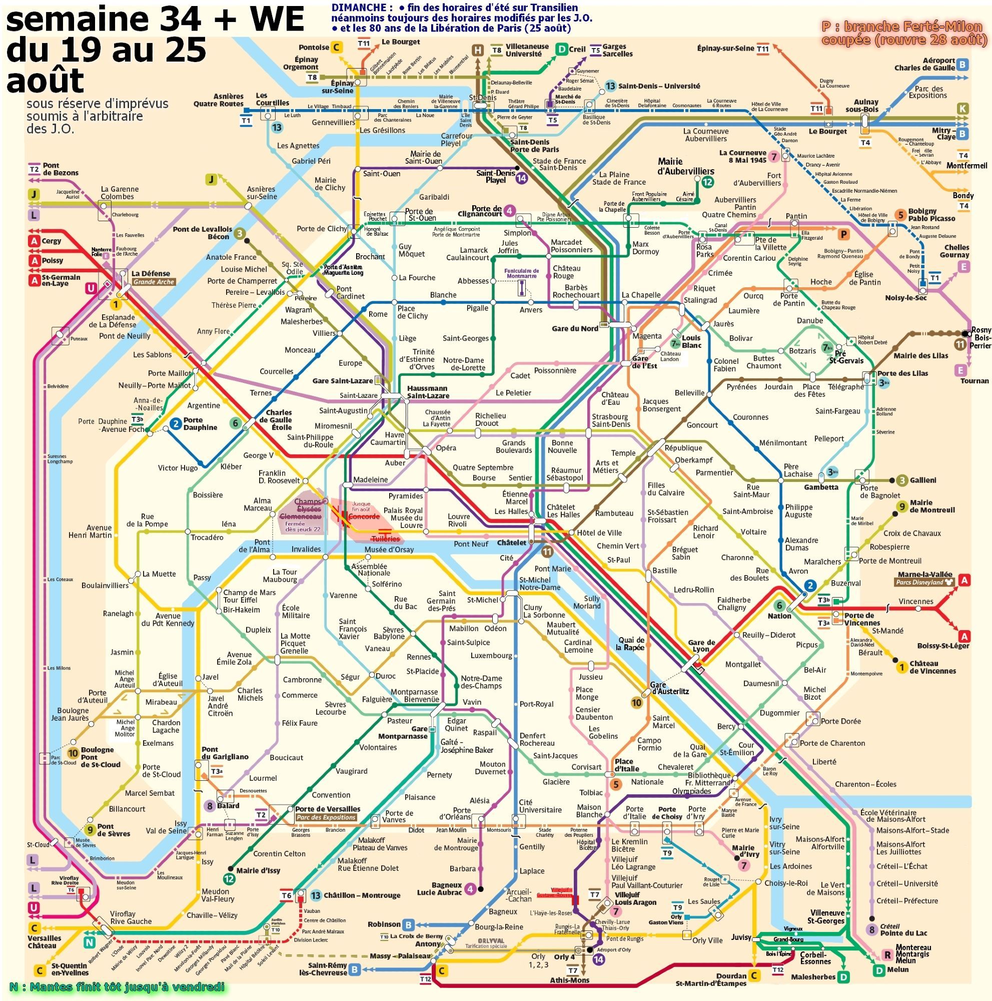 Semaine 34 du lundi 19 au dimanche 25 août. Tuileries et Concorde toujours fermées. ligne P : branche Ferté-Milon coupée (rouvrira le 28). Voyons les fermetures ponctuelles uniquement cette semaine. ligne N : lundi et mardi Mantes finit tôt. Dès jeudi 22 Champs-Élysées Clemenceau ferme à nouveau. Voilà. Le reste a rouvert du moins pour quelques jours, profitez-en !  Attention, ce qui roule est chargé, et près des sites olympiques il faut longtemps avant d'accéder aux quais. Et le préfet peut ajouter des fermetures imprévues. Pour info dimanche 25 fin des horaires d'été sur Transilien, néanmoins toujours des horaires modifiés par les J.O. Et dimanche célébration des 80 ans de la Libération de Paris.