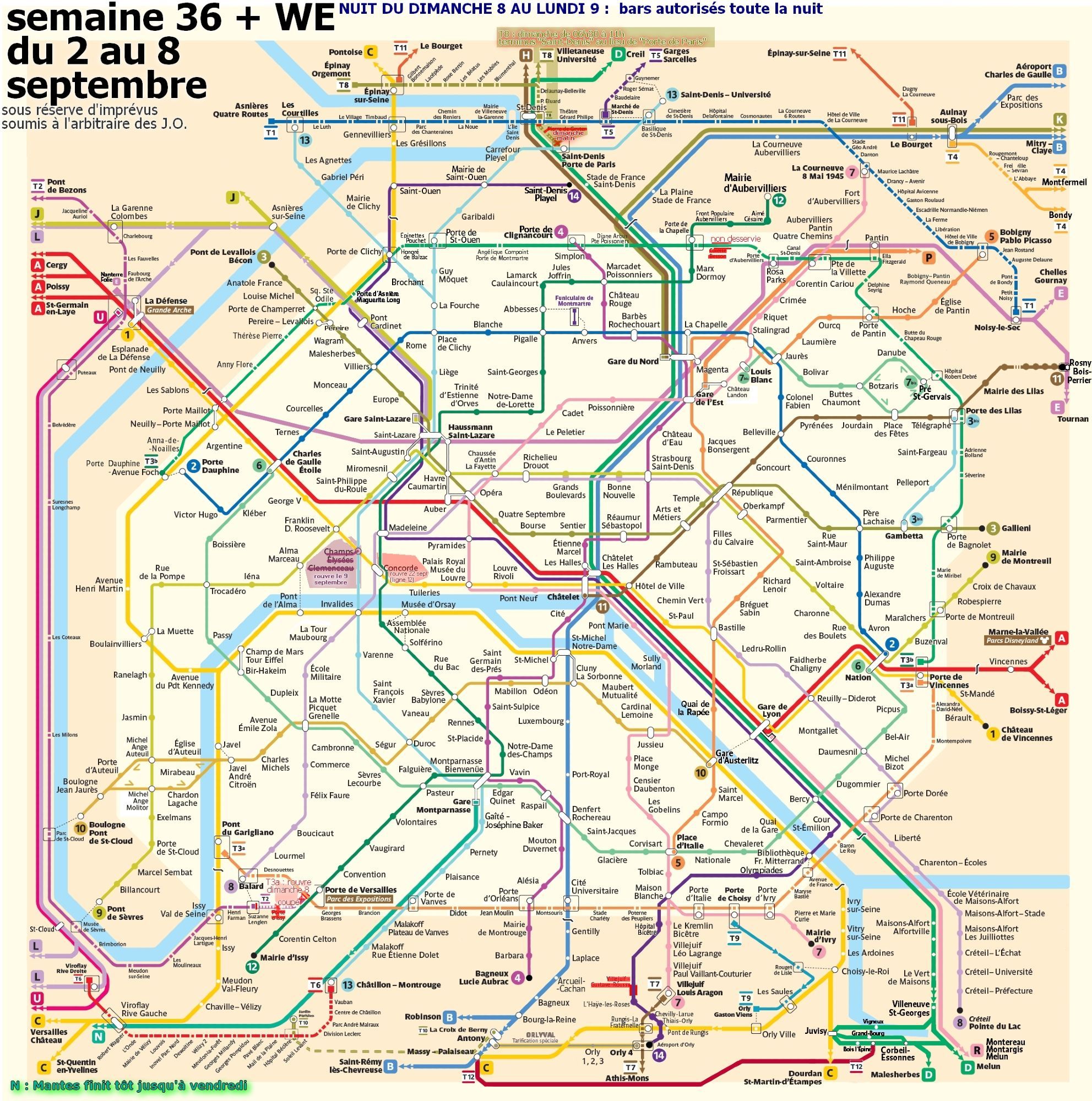 Semaine 36 du lundi 2 au dimanche 8 septembre. Pour Concorde toujours pas d'arrêt sur la ligne 12 (qui rouvrira le 22 septembre) en revanche les lignes une et 8 s'arrête à nouveau, avec correspondance. Et la station Tuileries a rouvert elle aussi. Champs-Élysées Clemenceau reste fermée et rouvrira le 9 septembre. tram T2 : terminus Suzanne Lenglen (Porte d’Issy et Porte de Versailles non desservies) le T3a ne s'y arrêtera pas non plus mais lui rouvrira dès dimanche 8. Tram T3b : Colette Besson non desservie (rouvre 9 septembre). tram T8, uniquement dimanche matin jusqu'à 11h, terminus "Saint-Denis" au lieu de "Porte de Paris".  Pour info, nuit du dimanche 8 au lundi 9 : bars autorisés à ouvrir toute la nuit.