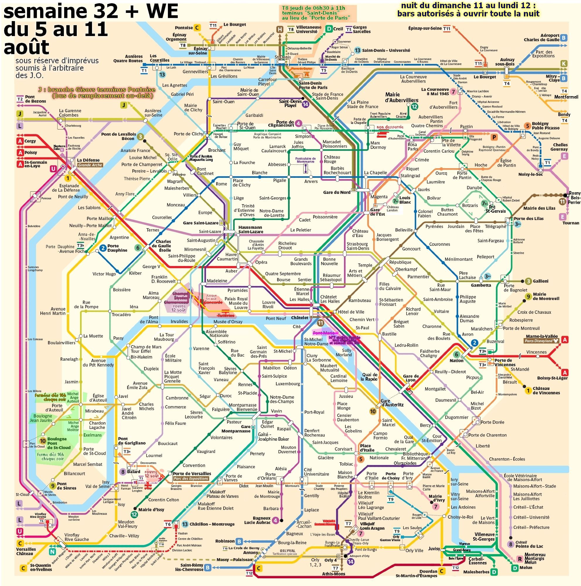 Semaine 32 du lundi 5 au dimanche 11 août. D'abord des fermetures ponctuelles uniquement cette semaine. jeudi 15 de 6h30 à 11h sur le tram T8 terminus "Saint-Denis" au lieu de "Porte de Paris". Et samedi 10 soir dès 17h ainsi que tout dimanche 11 sur le métro 7 : station "Pont-Marie". Ensuite sont toujours fermées Concorde et Tuileries. Rouvriront lundi 12 : branche Gisors ligne J (terminus Pontoise) et métro Champs-Élysées–Clemenceau. À Boulogne lignes 9 et 10, des stations ferment complètement dès 16h certains soirs (aucun arrêt à Boulogne-Jaurès, Pont de Saint-Cloud, Michel-Ange Auteuil et Molitor, et Exelmans). tram T2 terminus Suzanne Lenglen (Porte d’Issy et Porte de Versailles non desservies, sur tram T3a non plus). Et tram T3b Colette Besson. Nuit du dimanche 11 au lundi 12, nuit blanche dans les bars, ils sont autorisés à ouvrir toute la nuit.