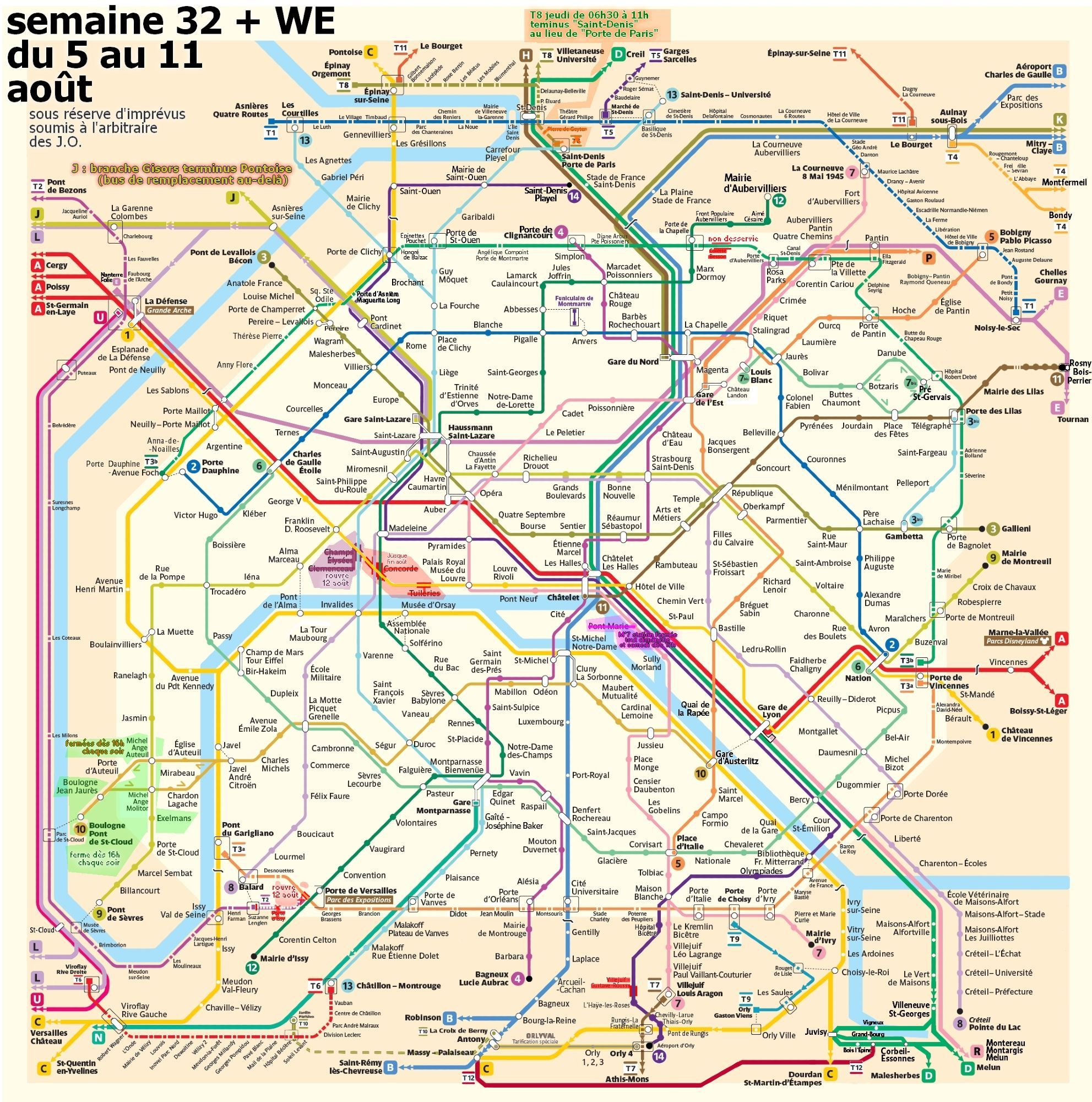 Semaine 32 du lundi 5 au dimanche 11 août. D'abord des fermetures ponctuelles uniquement cette semaine. jeudi 15 de 6h30 à 11h sur le tram T8 terminus "Saint-Denis" au lieu de "Porte de Paris". Et samedi 10 soir dès 17h ainsi que tout dimanche 11 sur le métro 7 : station "Pont-Marie". Ensuite sont toujours fermées Concorde et Tuileries. Rouvriront lundi 12 : branche Gisors ligne J (terminus Pontoise) et métro Champs-Élysées–Clemenceau. À Boulogne lignes 9 et 10, des stations ferment complètement dès 16h chaque soir (aucun arrêt à Boulogne-Jaurès, Pont de Saint-Cloud, Michel-Ange Auteuil et Molitor, et Exelmans). tram T2 terminus Suzanne Lenglen (Porte d’Issy et Porte de Versailles non desservies, sur tram T3a non plus). Et tram T3b Colette Besson. Dimanche soir nuit blanche dans les bars autorisés à ouvrir toute la nuit.