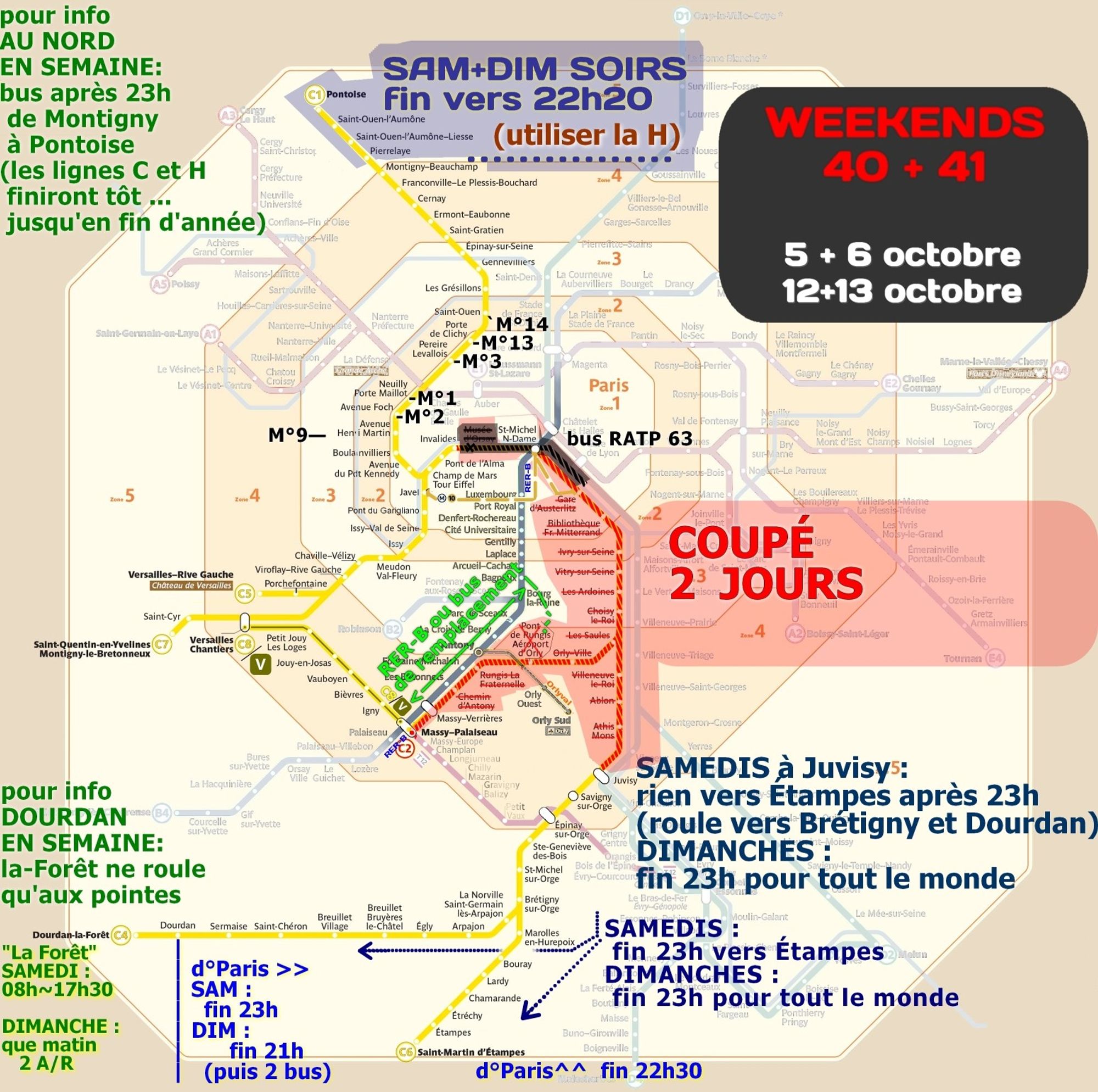 week-end ligne C du samedi 5 au dimanche 13 octobre. Grosse coupure pour deux weekends du tronçon parisien, jusqu'à Juvisy et toute la branche Massy aussi. L'ouest et le nord roulent avec terminus à Invalides. Le sud roule avec terminus à Juvisy. Utiliser lignes B et D. bus qu'entre Massy et Rungis. Fin dès 22h20 entre Montigny et Pontoise (utiliser ligne H). Au sud de Juvisy fin dès 23h vers Étampes samedi ou pour tout le monde dimanche. Le sud de Brétigny finit vers 23h les dimanches et pour Étampes samedis aussi. Direction Paris dimanches fin dès 21h depuis Dourdan. Dès 22h30 samedis aussi depuis Étampes. Dourdan-la-Forêt: peu de trains les samedis et que 2 dimanches matins. Rappel à Longjumeau le C est remplacé par le tram T12. Et le tronçon Versailles-Chantiers Massy-Pal est devenu autonome, nommé ligne V. Notez, en semaine. La mi-journée terminus Dourdan au lieu de La-Forêt et Étampes au lieu de Saint-Martin. Le soir nord de Montigny C et H fin à 23h.