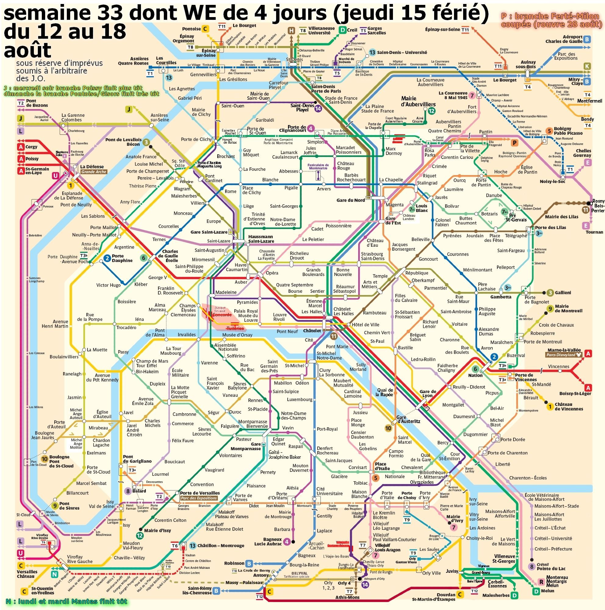 Semaine 33 du lundi 12 au dimanche 18 août dont le week-end de 4 jours avec le jeudi 15 férié. D'abord des fermetures ponctuelles uniquement cette semaine. ligne J : mercredi soir la branche Poissy finit plus tôt et dimanche soir la branche Pontoise/Gisors finit très tôt. ligne N : lundi et mardi Mantes finit tôt. ligne P : branche Ferté-Milon coupée (rouvre 28 août). Ensuite ne restent que Concorde et Tuileries toujours fermées mais le reste a rouvert du moins pour quelques jours, profitez-en !