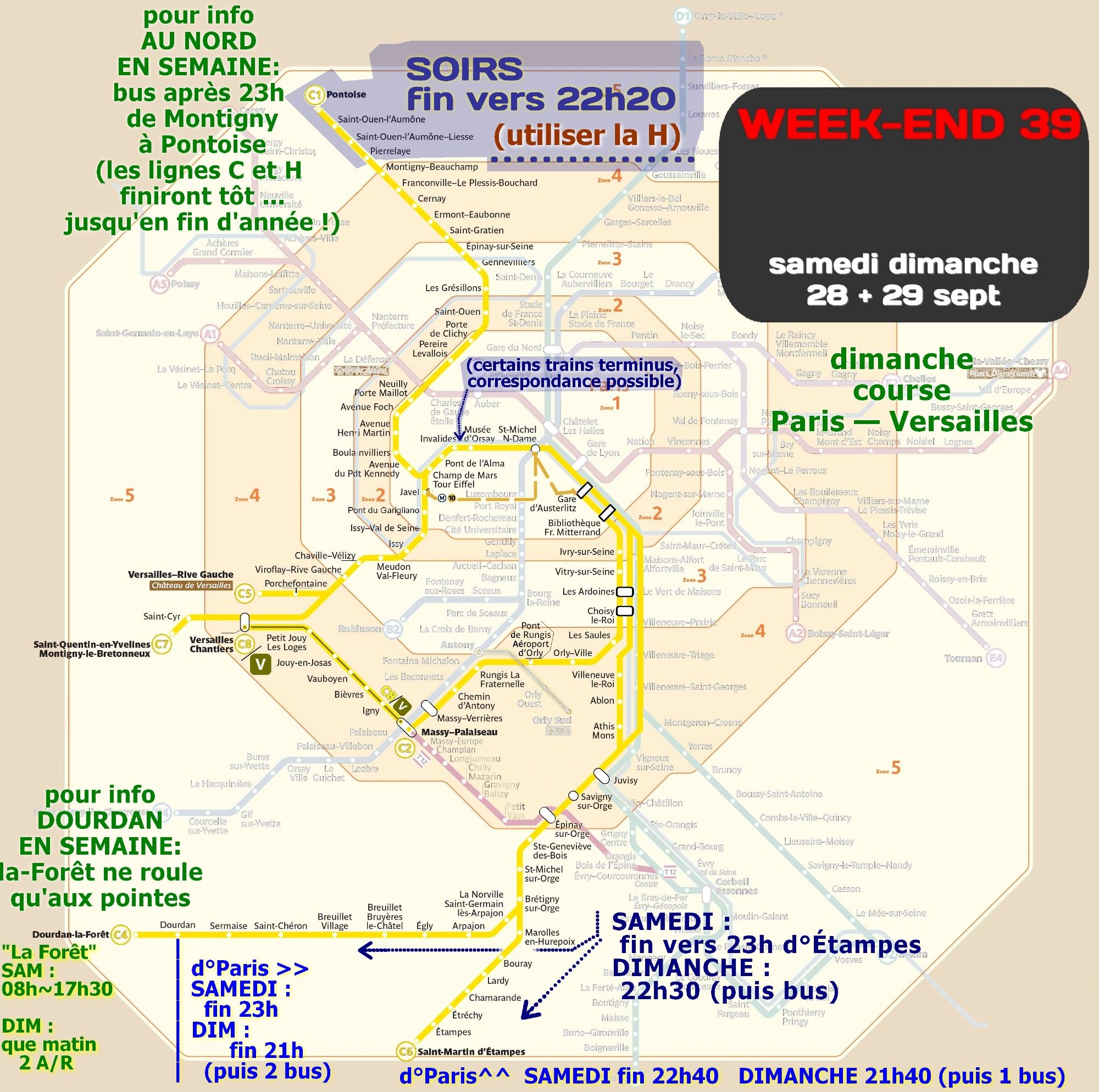 week-end ligne C fin 28 29 septembre. Fin dès 22h20 entre Montigny et Pontoise (utiliser la ligne H ensuite). Le sud de Rungis jusqu'à Massy finit dès 22h et même dès 21h vers Paris. Le dimanche soir le sud de Brétigny finit tôt aussi, vers 23h30 ou dès 23h samedi vers Étampes. Direction Paris dimanche fin dès 21h depuis Dourdan ou dès 21h40 depuis Étampes. Dourdan-la-Forêt: peu de trains samedi et seulement 2 dimanche. Week-end et fête dans Paris il faut parfois changer de train pour passer Invalides, certains y sont terminus. Pour rappel il n'y a plus de C à Longjumeau, remplacé par le T12 et le tronçon Versailles-Chantiers Massy-Palaiseau s'appelle ligne V. Pour info dimanche course Paris Versailles. Et en semaine au nord: de Montigny à Pontoise lignes C et H finiront tôt, bus après 23h. En semaine la mi-journée terminus Dourdan pas la-Forêt