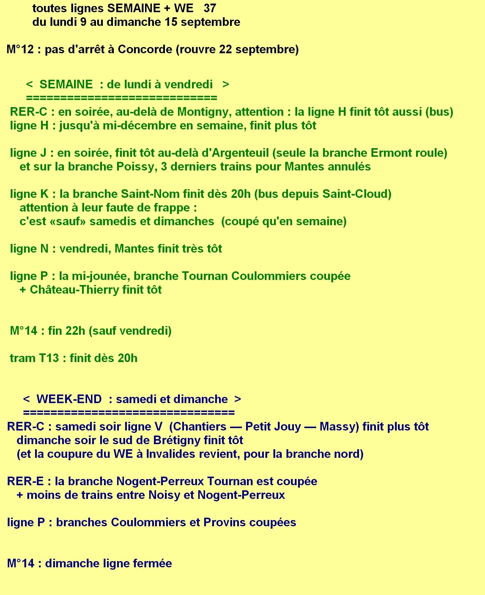 toutes lignes du 9 au 15 (semaine 37). métro 12 : Concorde fermée / Lundi à vendredi. lignes C et H : soirée, la H finit tôt jusqu'à mi-décembre en semaine. Donc bus au-delà de Montigny. ligne J : finit tôt au-delà d'Argenteuil (sauf branche Ermont) et via Poissy les 3 derniers trains pour Mantes annulés. ligne K uniquement en semaine : la branche Saint-Nom finit dès 20h (bus depuis Saint-Cloud). ligne N : vendredi, Mantes finit très tôt. ligne P : la mi-jounée, branche Tournan Coulommiers coupée + Château-Thierry finit tôt. métro 14 : fin 22h (sauf vendredi). tram T13 : finit dès 20h. / RER-C : samedi soir ligne V (Chantiers Petit-Jouy Massy) finit plus tôt + dimanche soir le sud de Brétigny finit tôt + retour de la correspondance du week-end à Invalides. Samedi et dimanche ligne E : la branche Nogent-Perreux Tournan est coupée + moins de trains entre Noisy et Nogent-Perreux. ligne P : branches Coulommiers et Provins coupées. métro 14 : fermé dimanche.