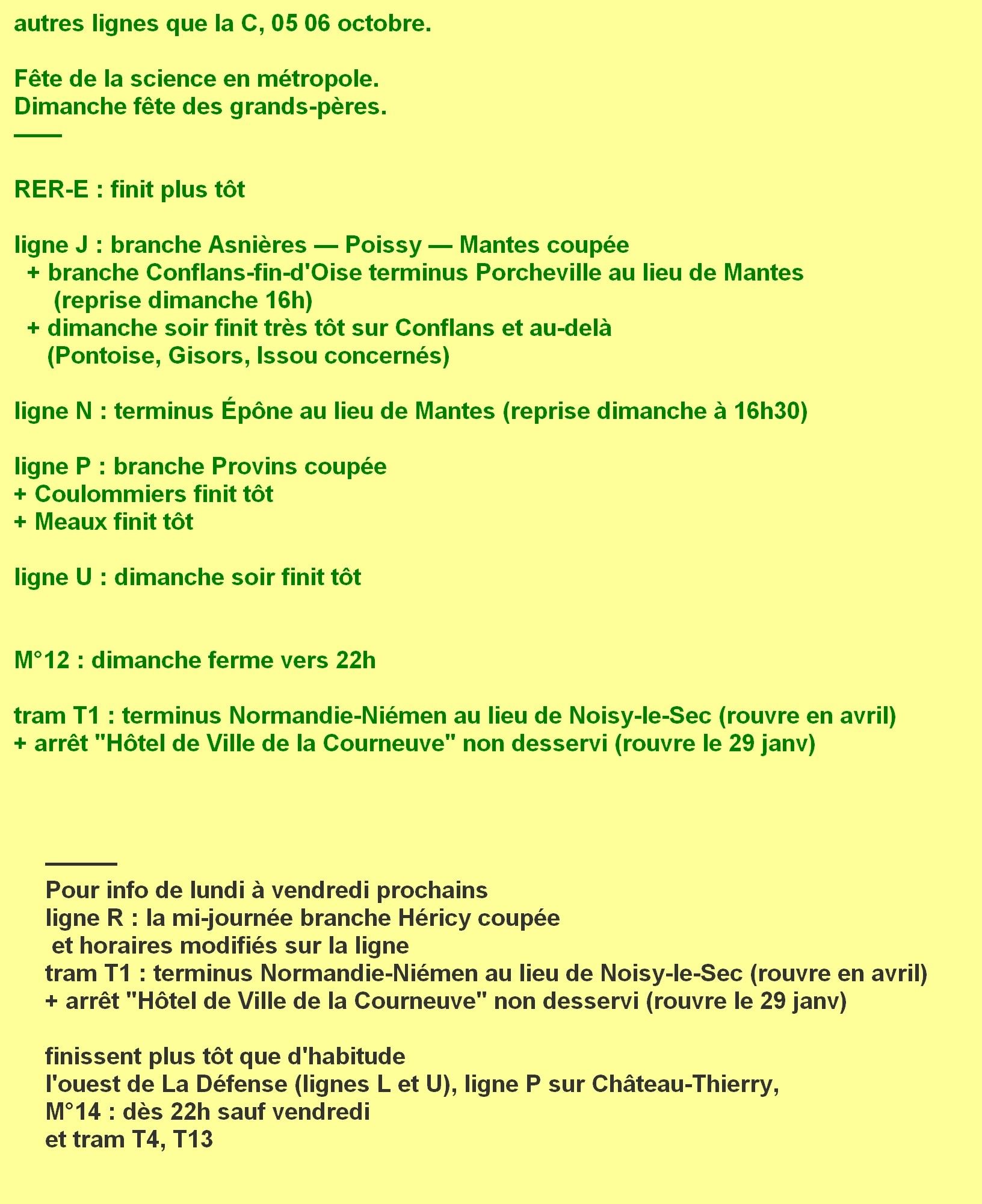 autres lignes que la C, 5 6 octobre. fête de la science en métropole. dimanche fête des grands-pères. ligne E : finit tôt. J : branche Asnières Poissy Mantes coupée + branche Conflans-fin-d'Oise terminus Porcheville au lieu de Mantes (reprise dimanche 16h) + dimanche soir fin très tôt sur Conflans et au-delà (Pontoise, Gisors, Issou concernés). ligne N : terminus Épône au lieu de Mantes (reprise dimanche à 16h30). ligne P : Provins coupé + Coulommiers et Meaux fin tôt. ligne U : dimanche soir finit tôt. métrro 12 : dimanche ferme vers 22h. tram T1 : terminus Normandie-Niémen au lieu de Noisy-le-Sec (rouvre en avril) + arrêt "Hôtel de Ville de la Courneuve" fermé (rouvre le 29 janv). Pour info de lundi à vendredi prochains : ligne R la mi-journée branche Héricy coupée et horaires modifiés sur la ligne. Finiront plus tôt que d'habitude l'ouest de La Défense (lignes L et U), ligne P sur Château-Thierry, métro 14 dès 22h sauf vendredi, et tram T4, T13.