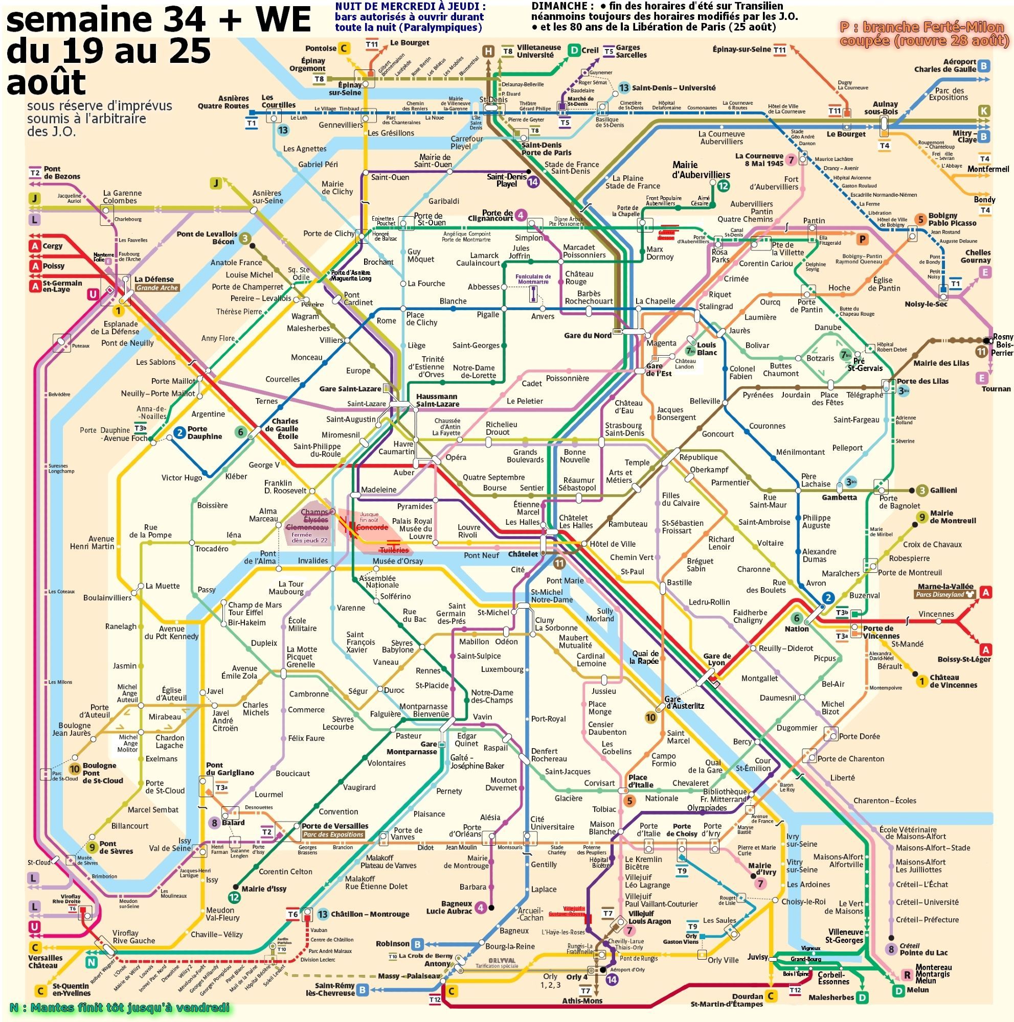 Semaine 34 du lundi 19 au dimanche 25 août. On entre dans les Paralympiques. Tuileries et Concorde toujours fermées. ligne P : branche Ferté-Milon coupée (rouvrira le 28). Voyons les fermetures ponctuelles uniquement cette semaine. ligne N : lundi et mardi Mantes finit tôt. nuit du mercredi 28 au jeudi 29 : les bars autorisés à ouvrir toute la nuit. Dès jeudi 22 Champs-Élysées Clemenceau ferme à nouveau. Voilà. Le reste a rouvert du moins pour quelques jours, profitez-en !  Attention, ce qui roule est chargé, et près des sites olympiques il faut longtemps avant d'accéder aux quais. Et le préfet peut ajouter des fermetures imprévues. Pour info dimanche 25 fin des horaires d'été sur Transilien, néanmoins toujours des horaires modifiés par les J.O. Et dimanche célébration des 80 ans de la Libération de Paris.