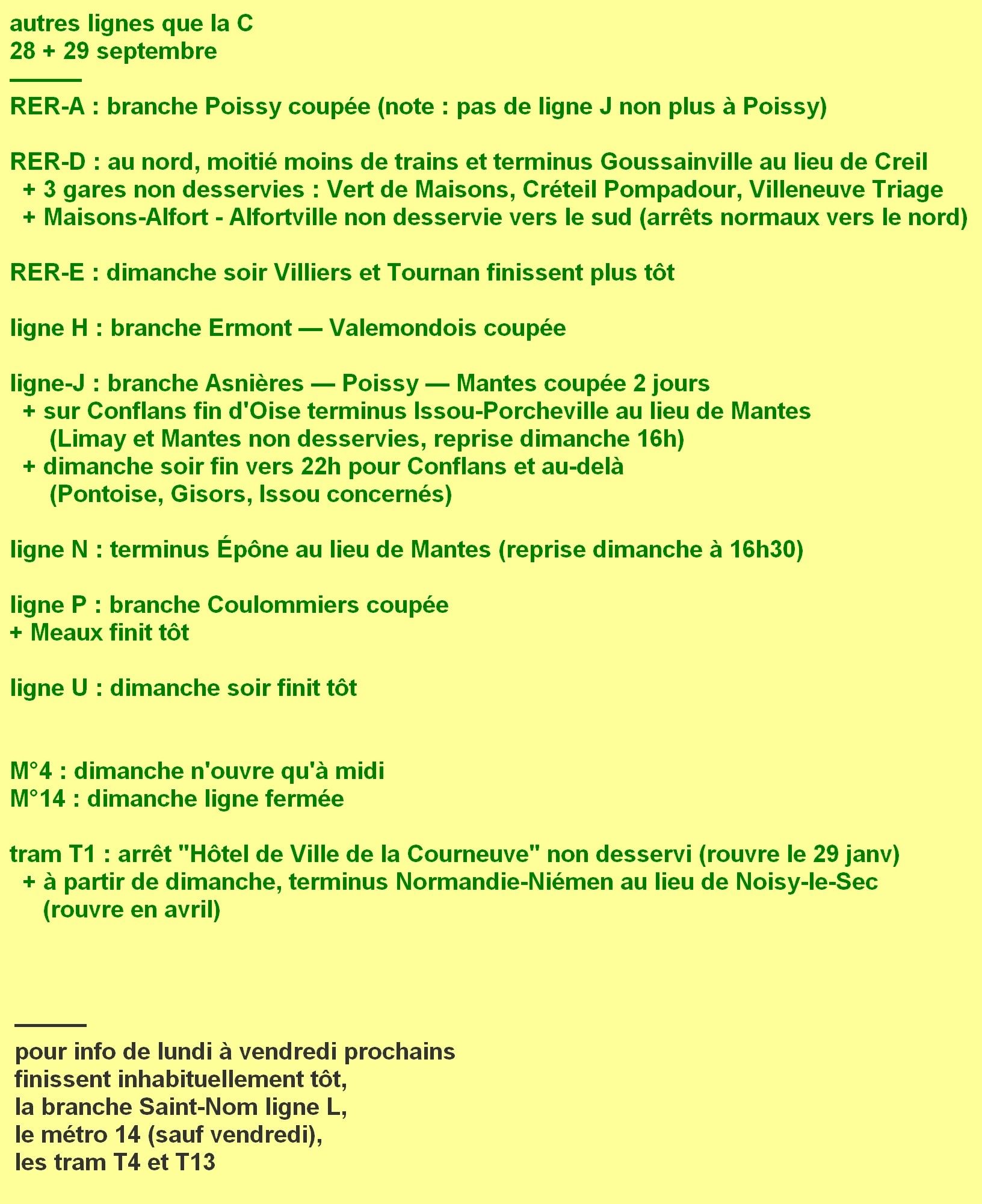 autres lignes que la C, 28 29 septembre. ligne A : branche Poissy coupée, pas de J non plus. ligne D : au nord moitié moins de trains et terminus Goussainville au lieu de Creil + non desservies Vert de Maisons, Créteil Pompadour, Villeneuve Triage + Maisons-Alfort Alfortville que vers le nord, pas le sud. E : dimanche Villiers et Tournan fin tôt. ligne H : Ermont Valemondois coupée. J : branche Asnières Poissy Mantes coupée 2 jours + Conflans fin d'Oise terminus Issou pas Mantes (reprise dimanche 16h) + dimanche fin 22h sur Conflans et au-delà. ligne N : terminus Épône pas Mantes (reprise dimanche à 16h30). P : Coulommiers coupée + Meaux fin tôt. ligne U : dimanche fin tôt. métro 4 : dimanche ouvre à midi. métro 14 : coupé dimanche. tram T1 : Hôtel de Ville la Courneuve non desservi (rouvre fin janvier) + dès dimanche terminus Normandie-Niémen au lieu de Noisy (rouvre en avril). De lundi à vendredi prochains fin tôt à Saint-Nom ligne L, métro 14 (sauf vendredi) et tram T4 T13