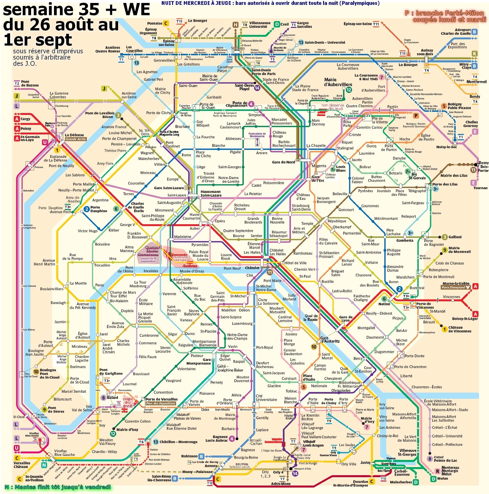 Semaine 35 du lundi 26 août au dimanche premier septembre. On entre dans les Paralympiques. ligne P : branche Ferté-Milon coupée lundi et mardi (rouvre mercredi). Toujours pas d'arrêt aux stations Concorde et Tuileries jusqu'au 2 septembre. Ni à Champs-Élysées Clemenceau jusqu'au 9... tram T2 : dès mardi terminus Suzanne Lenglen (Porte d’Issy et Porte de Versailles non desservies, le T3a ne s'y arrêtera pas non plus). Et sur le tram T3b : dès jeudi Colette Besson non desservie (rouvre 9 septembre). Nuit du mercredi 28 au jeudi 29 : les bars autorisés à ouvrir toute la nuit.