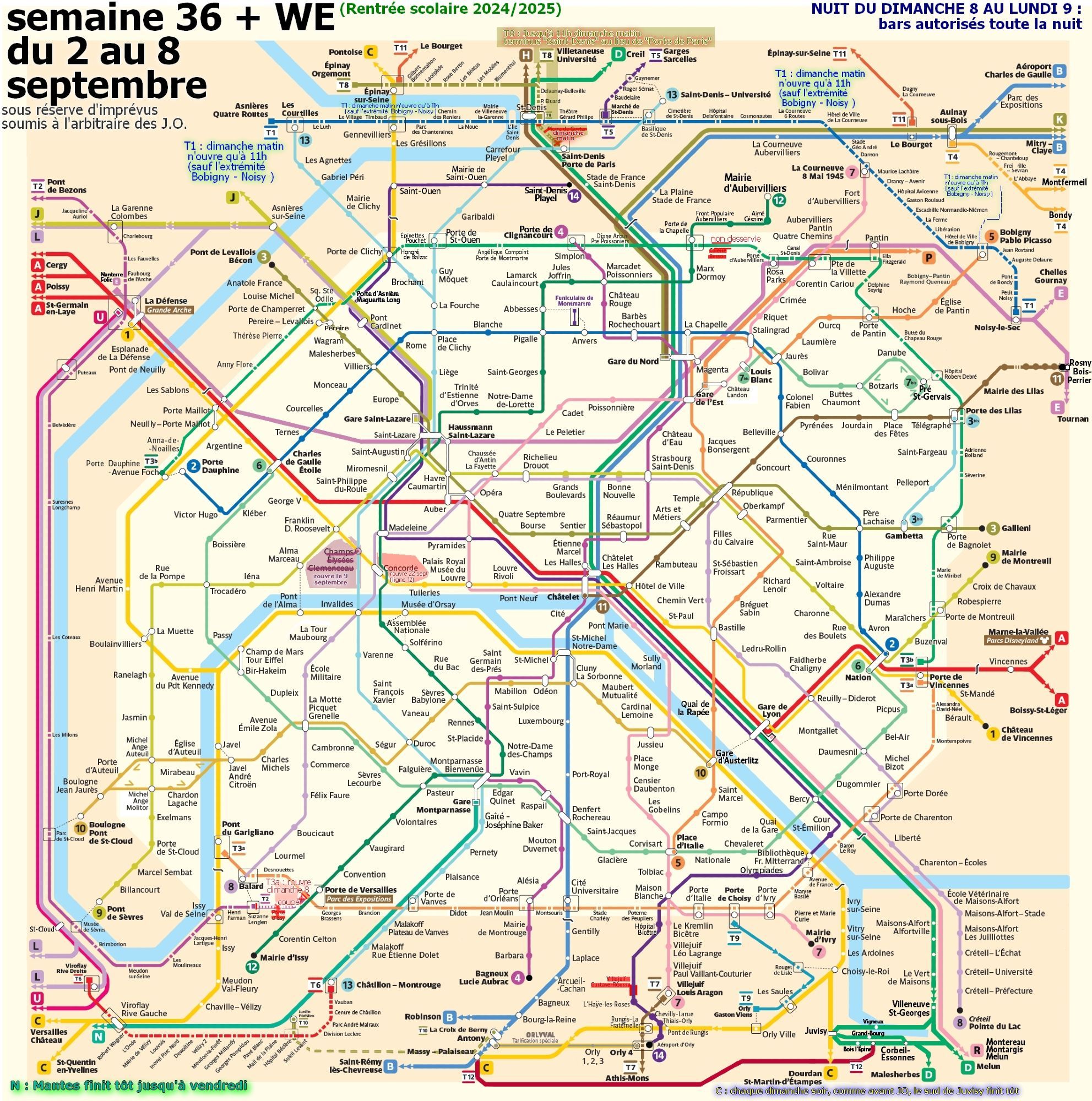 Semaine 36 du lundi 2 de rentrée scolaire jusqu'au dimanche 8 septembre. Station Concorde toujours pas d'arrêt sur la ligne 12 (qui rouvrira le 22 septembre) en revanche les lignes une et 8 s'arrêtent à nouveau, avec correspondance. Et la station Tuileries a rouvert elle aussi. Champs-Élysées Clemenceau reste fermée et rouvrira le 9 septembre. tram T2 : terminus Suzanne Lenglen (Porte d’Issy et Porte de Versailles non desservies) le T3a ne s'y arrêtera pas non plus mais il rouvrira lui dès dimanche 8. Tram T3b : Colette Besson non desservie (rouvre 9 septembre). tram T1 : dimanche n'ouvre qu'à 11h (sauf la petite extrémité entre Bobigny et Noisy qui assure une navette toute la matinée). tram T8, uniquement dimanche matin jusqu'à 11h, terminus "Saint-Denis" au lieu de "Porte de Paris". Sur la ligne C chaque dimanche soir le sud de Juvisy finit tôt, comme avant les Jeux. Pour info, nuit du dimanche 8 au lundi 9 : bars autorisés à ouvrir toute la nuit.