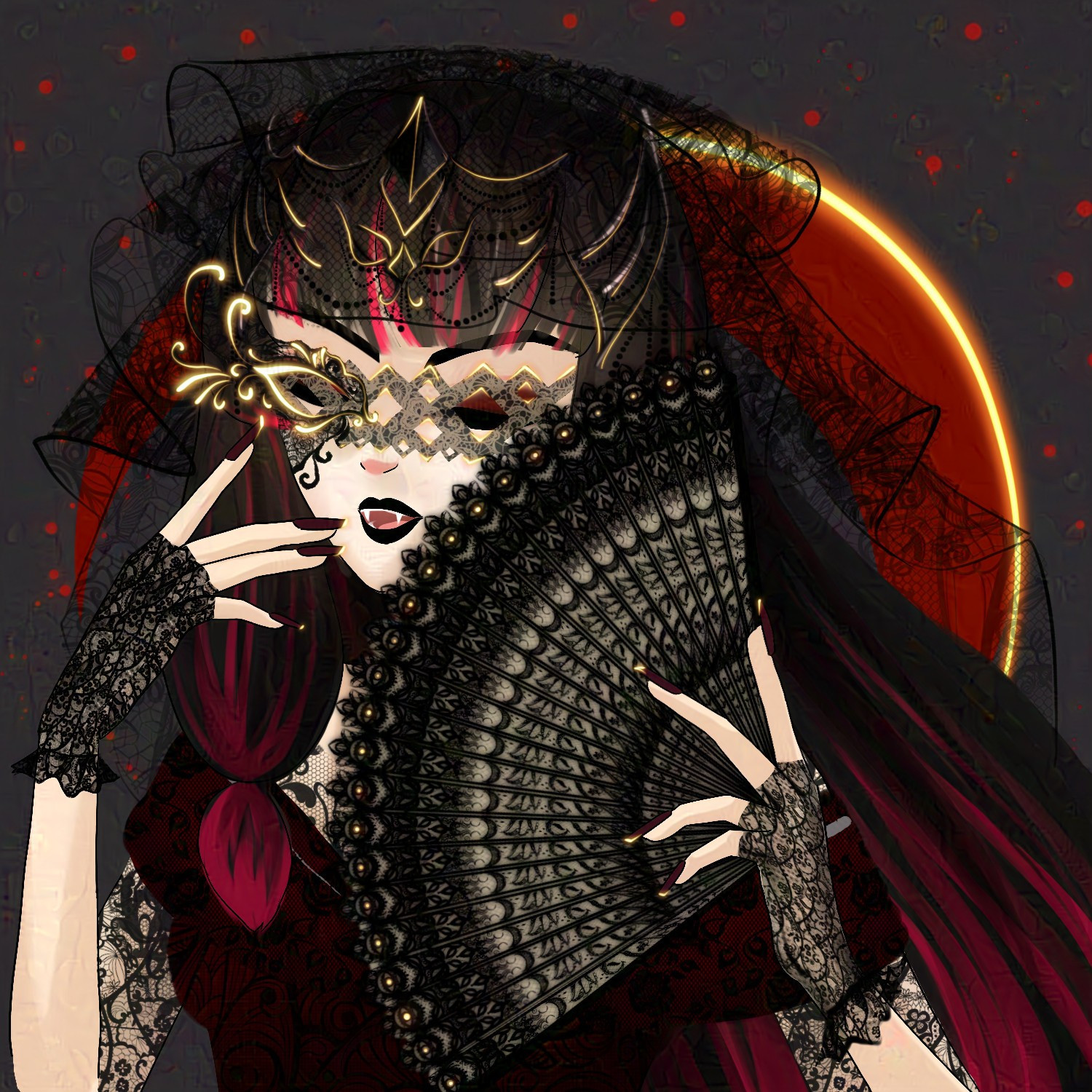 Illustration: Columbina from Genshin Impact, dressed in black lace with a blood red crescent moon behind her. She holds a black lacy fan.