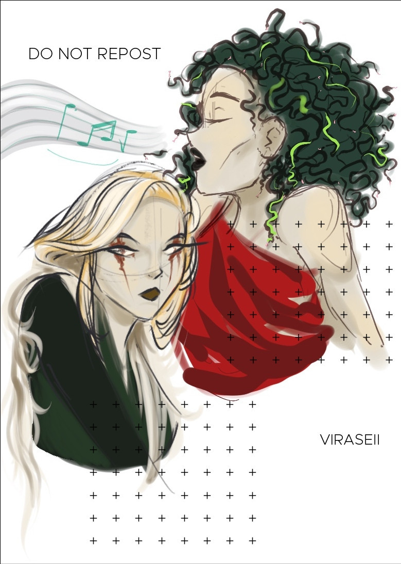 Illustration: Medusa with curly green snakes for hair and a red robe. A second girl with scarred-out eyes and a green gown. Medusa is singing to her.