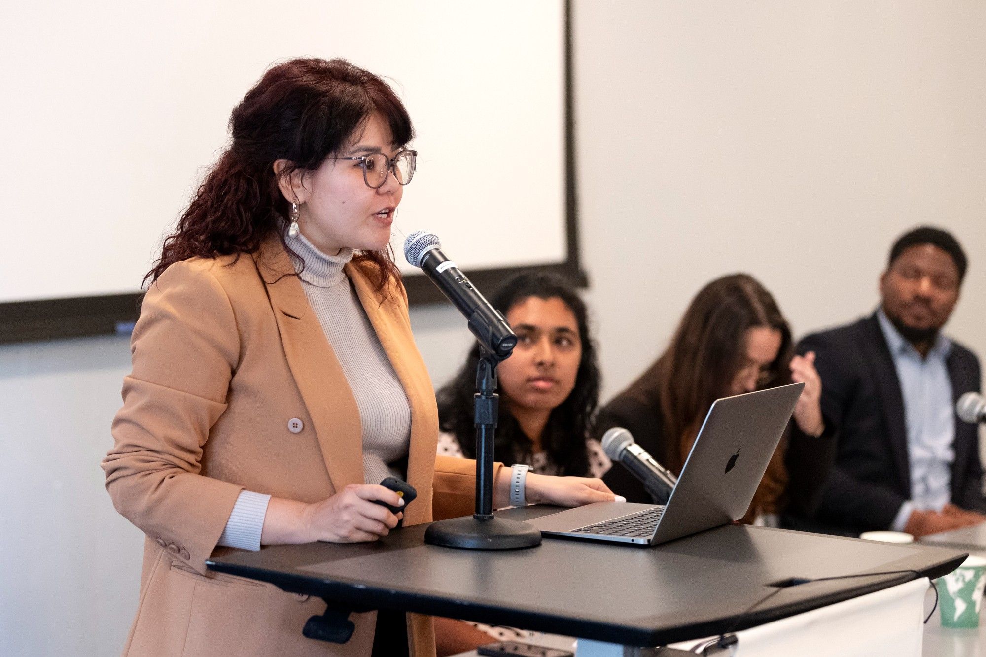 2023 student fellow Sediqa Zaki presents on human rights abuses against Hazara women in Afghanistan on October 13, 2023 at Berkeley Law's Warren Room.